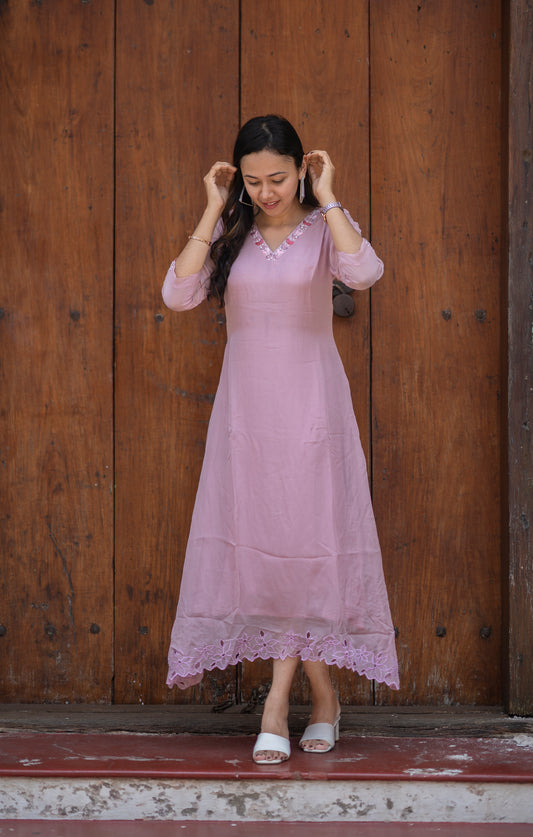 Viscose organza A-line kurti with handworked neck and sleeve with cutworked hemline with santoon lining MBS-597