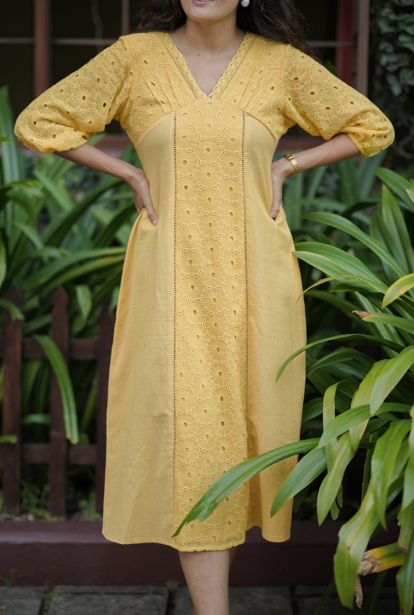 Yellow shaded flex cotton kurti/dress detailed with hacoba and lace MBS-770