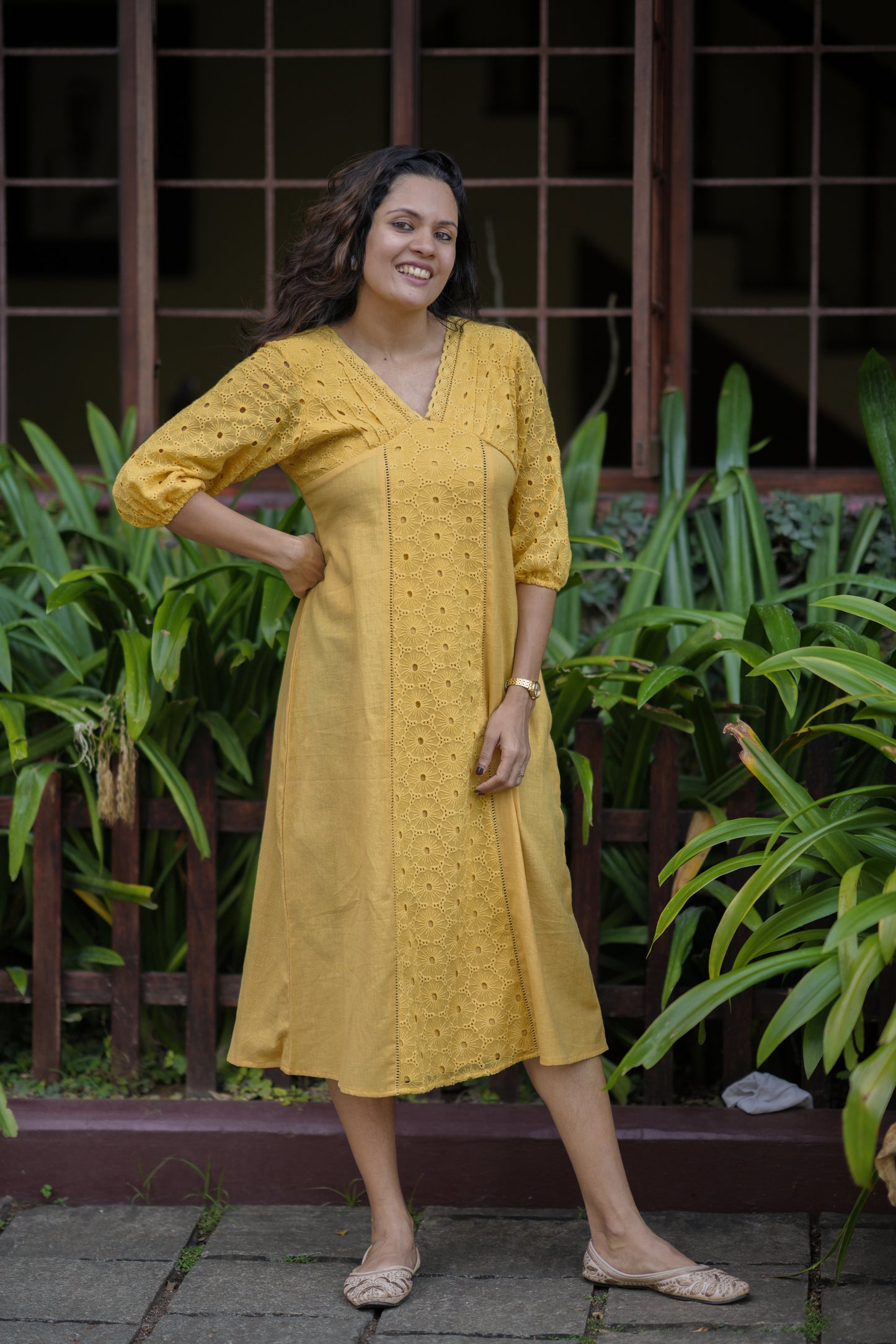 Yellow shaded flex cotton kurti/dress detailed with hacoba and lace MBS-770