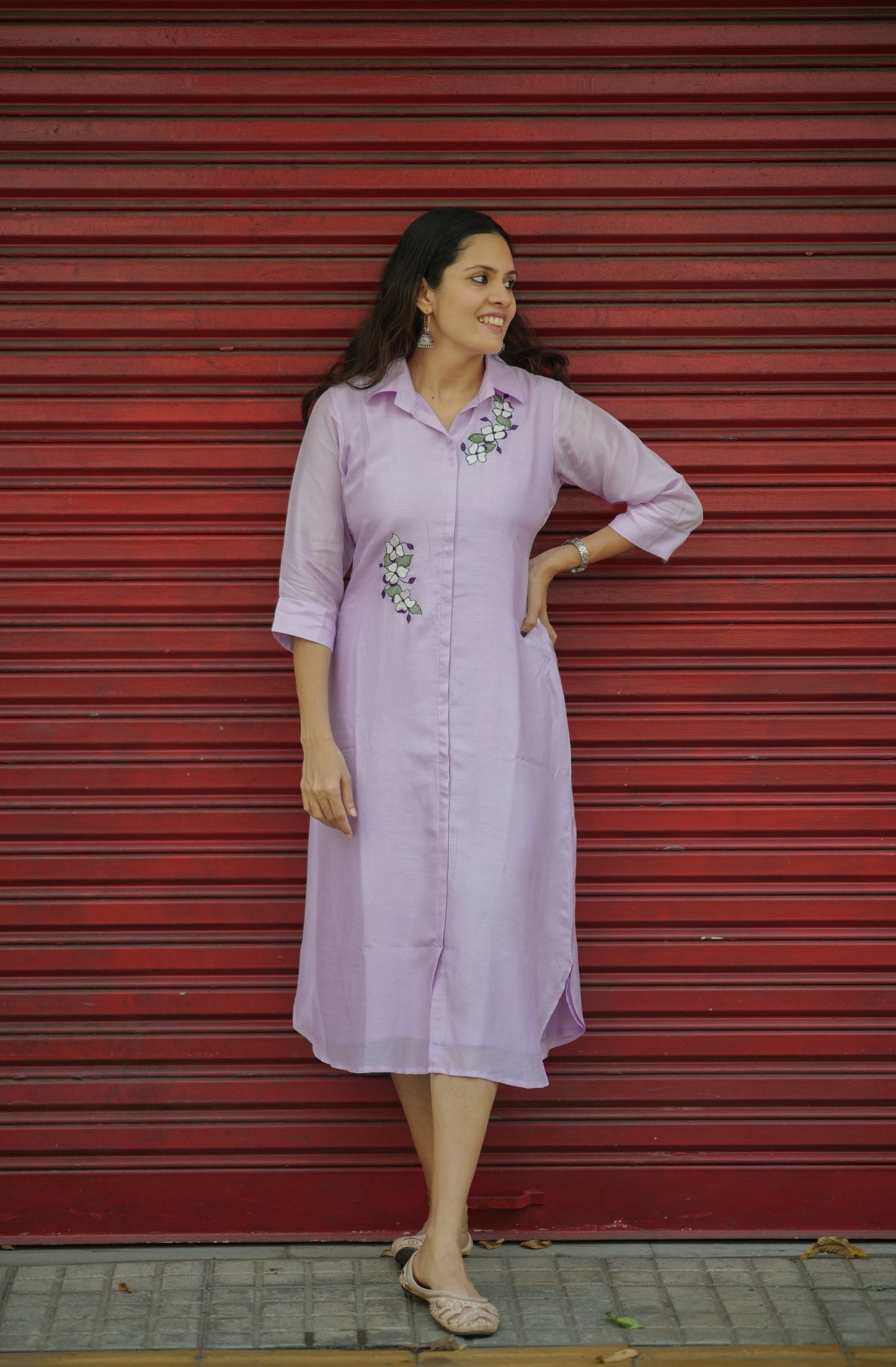 Lavender dola silk dress/kurti with shirt collar stitched with shantoon lining MBS-772