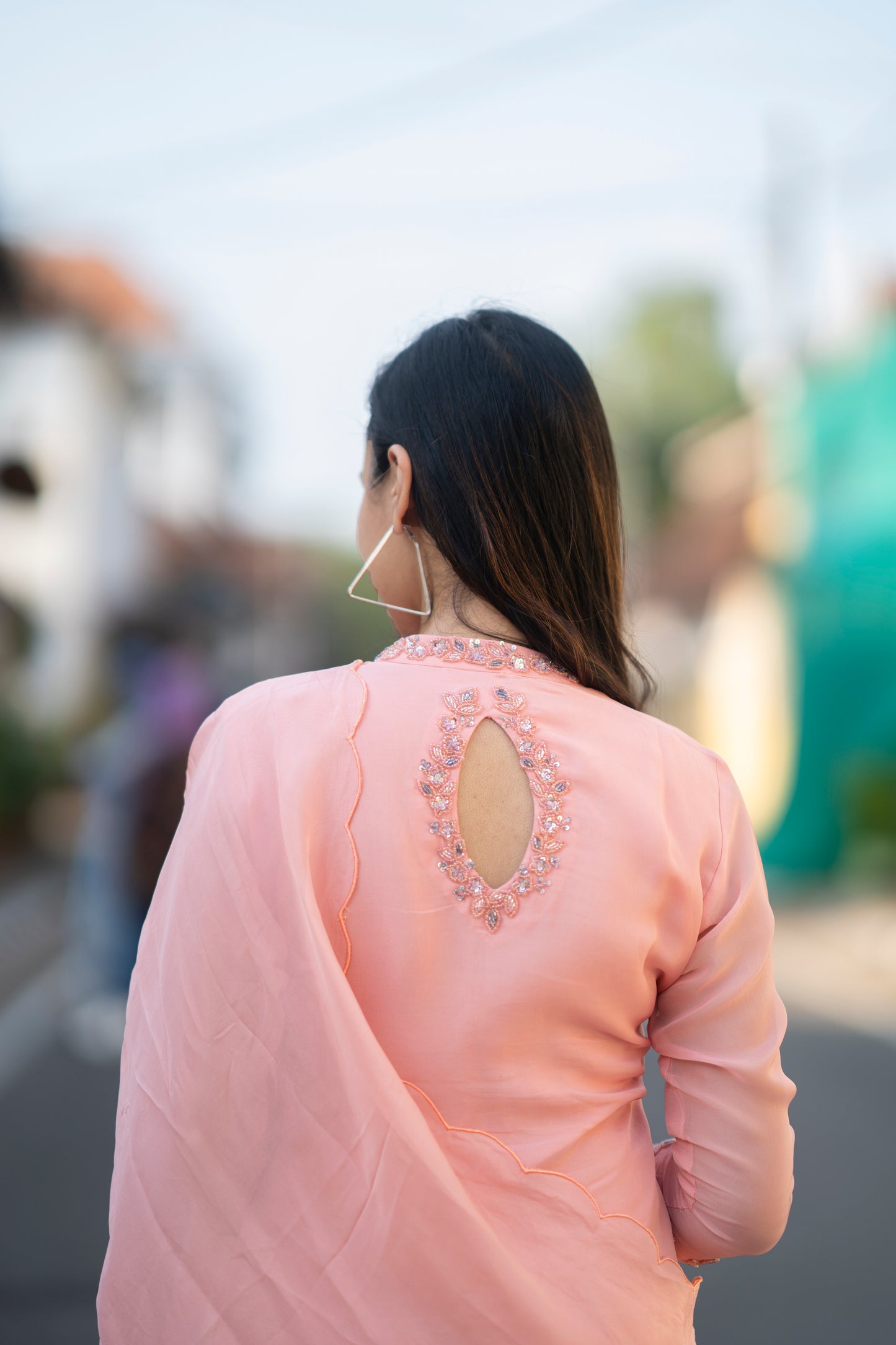 Powder peach shaded viscose organza kurti with shantoon lining MBS-609