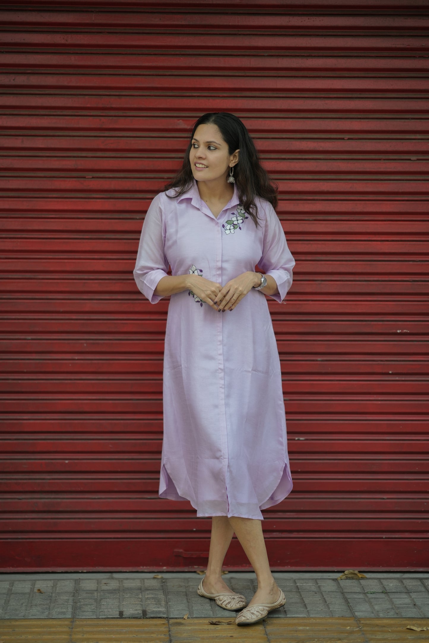 Lavender dola silk dress/kurti with shirt collar stitched with shantoon lining MBS-772