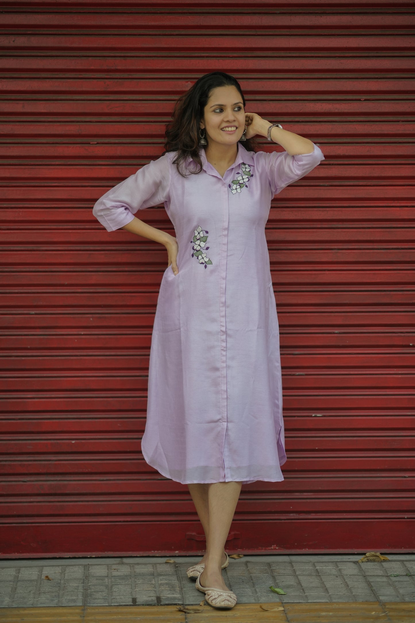 Lavender dola silk dress/kurti with shirt collar stitched with shantoon lining MBS-772