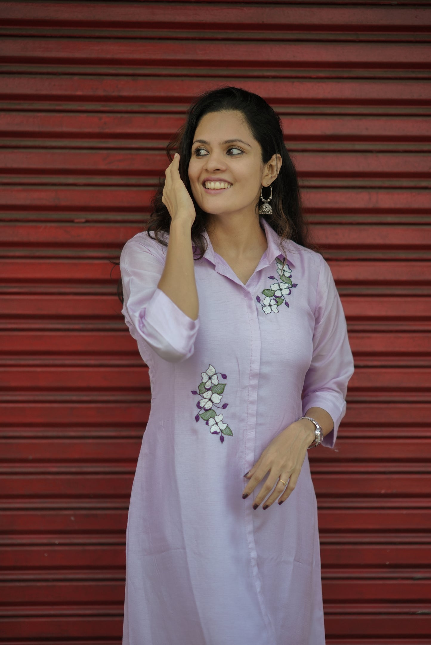 Lavender dola silk dress/kurti with shirt collar stitched with shantoon lining MBS-772