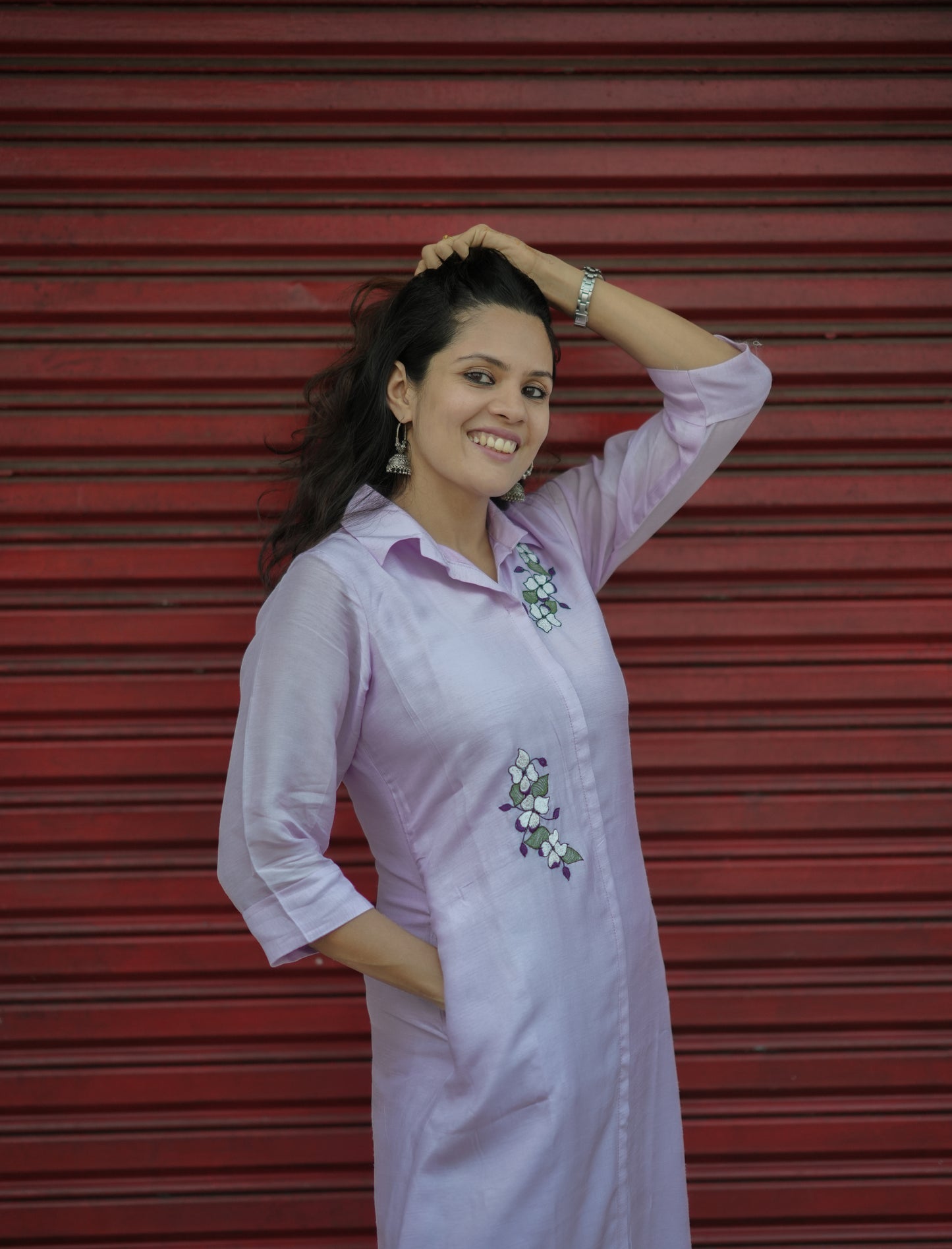 Lavender dola silk dress/kurti with shirt collar stitched with shantoon lining MBS-772