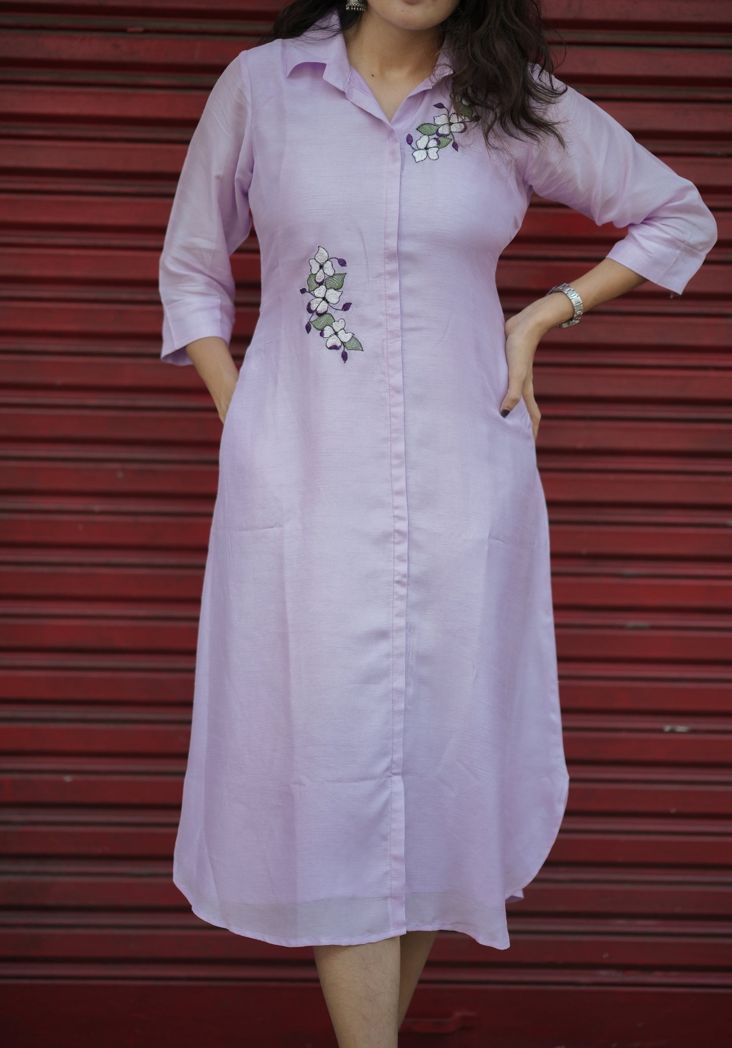 Lavender dola silk dress/kurti with shirt collar stitched with shantoon lining MBS-772