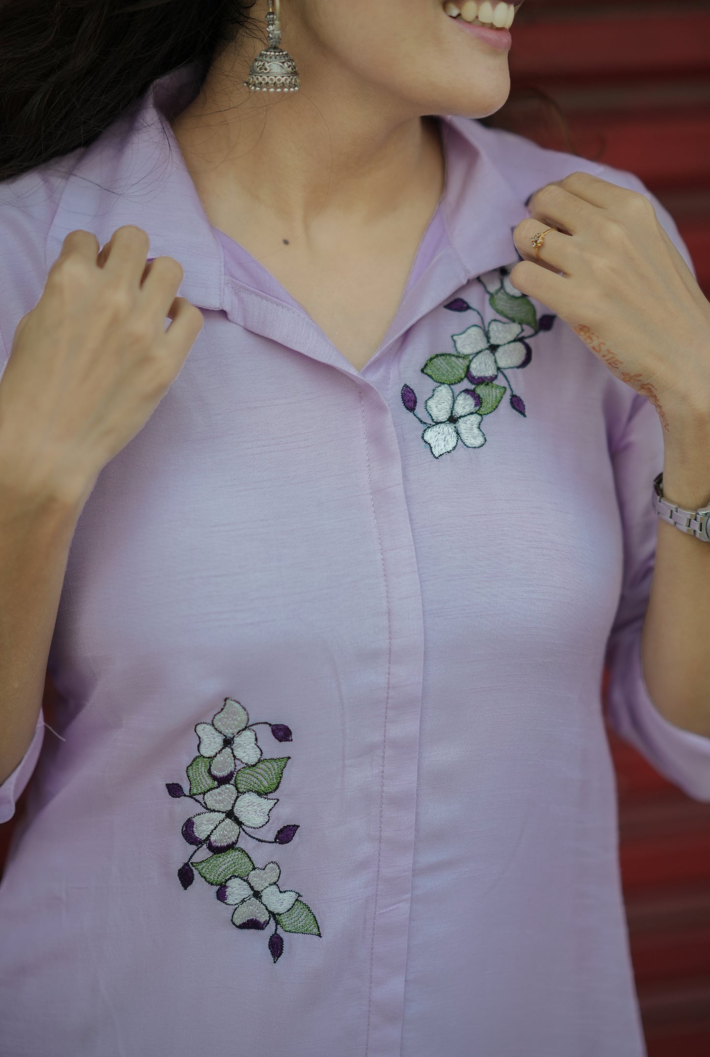 Lavender dola silk dress/kurti with shirt collar stitched with shantoon lining MBS-772