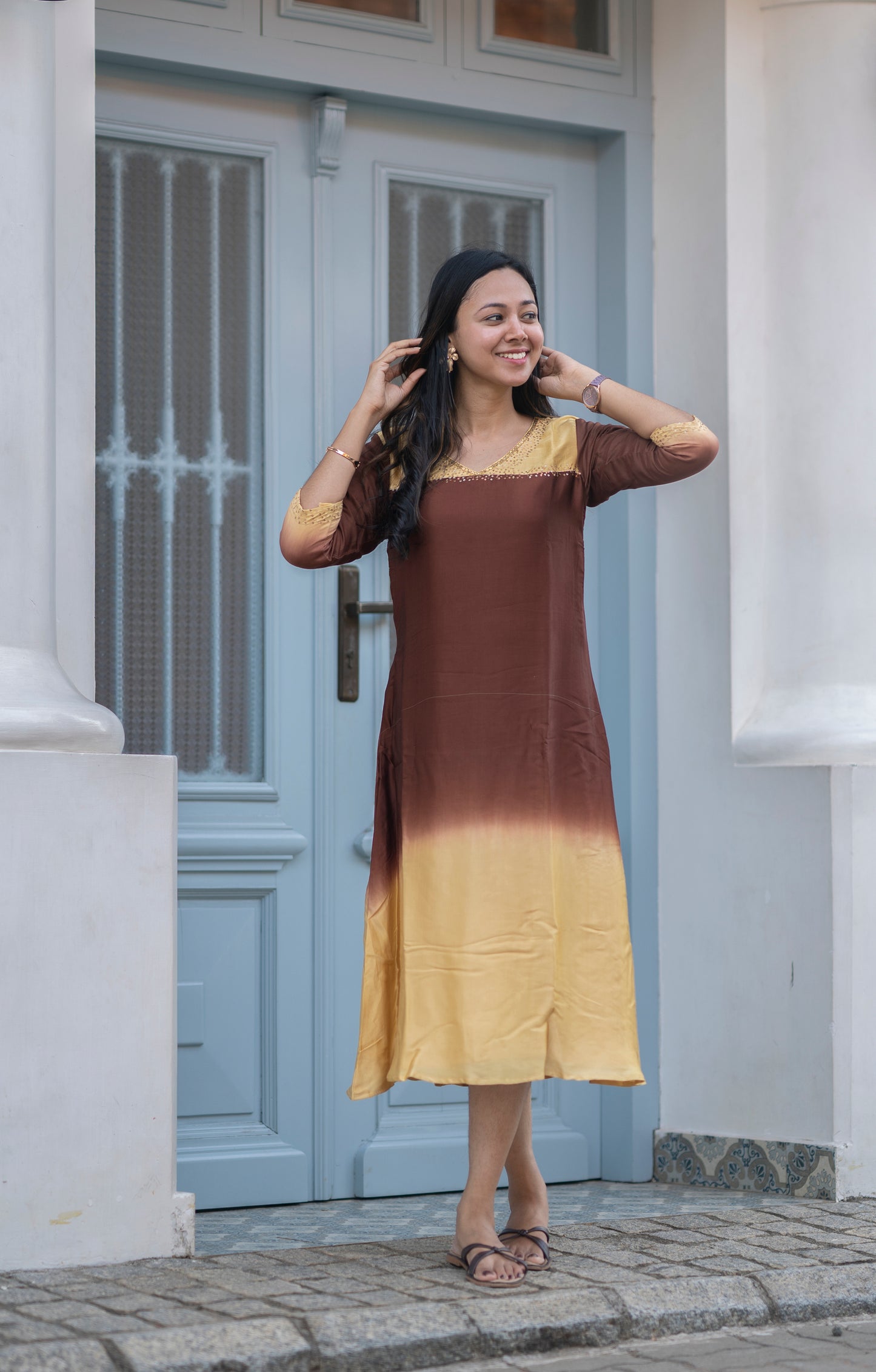 Yellow ombre shaded satin modal A-line kurti with handwork detailed yoke and sleeve with santoon lining MBS-595