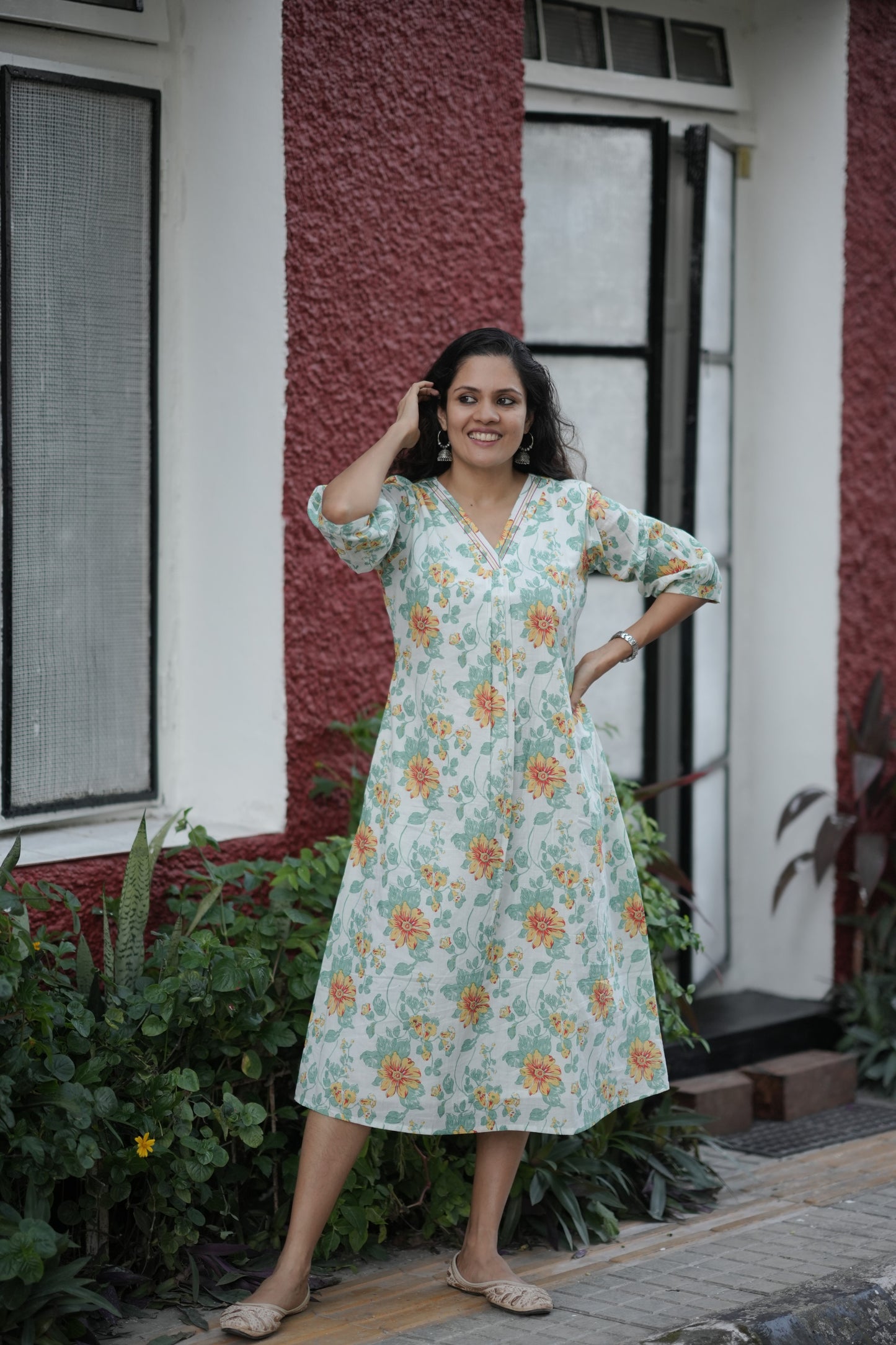 Tropical printed cotton kurti with thread detailed neckline and gathers MBS-769 ***Ready to dispatch***