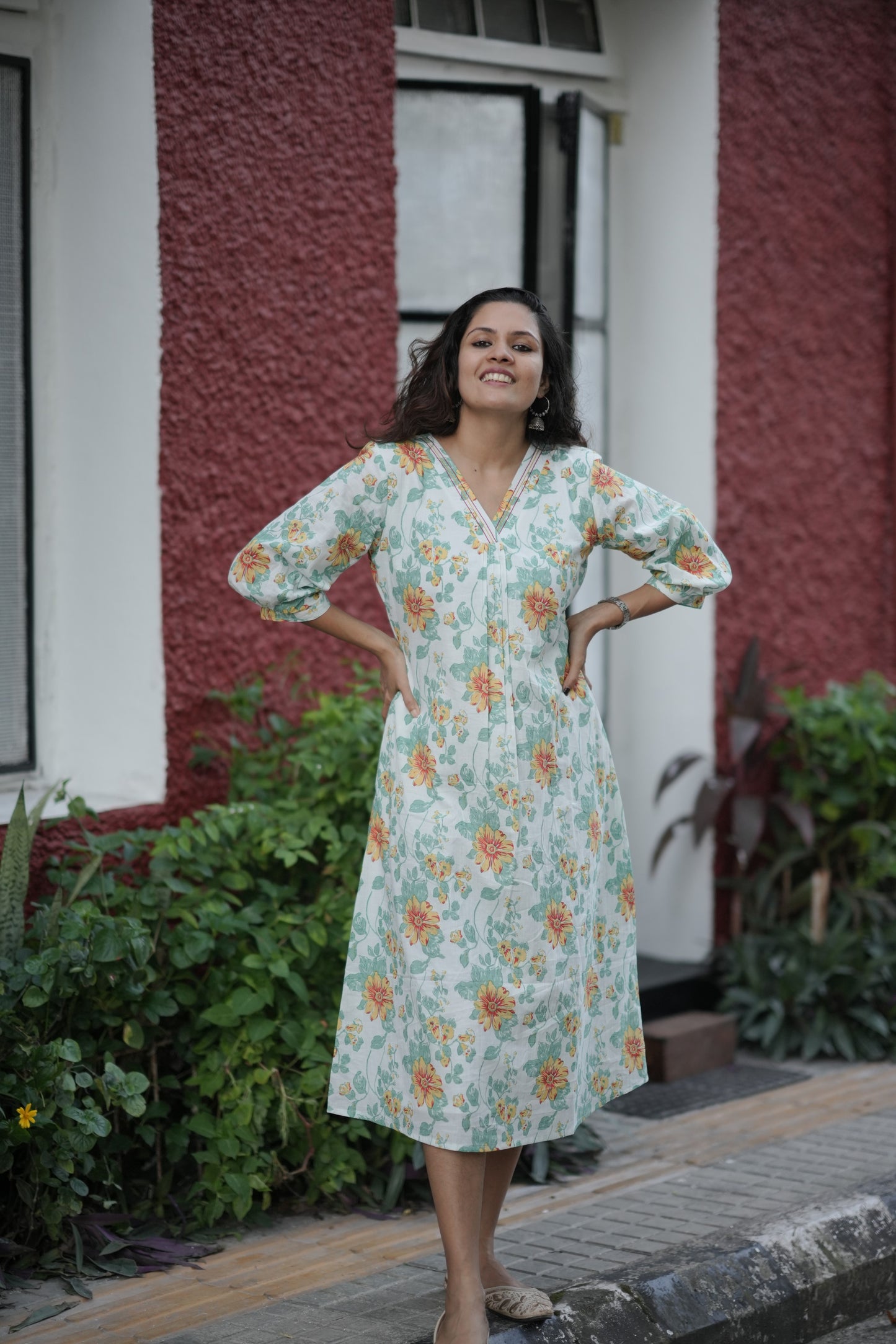 Tropical printed cotton kurti with thread detailed neckline and gathers MBS-769 ***Ready to dispatch***