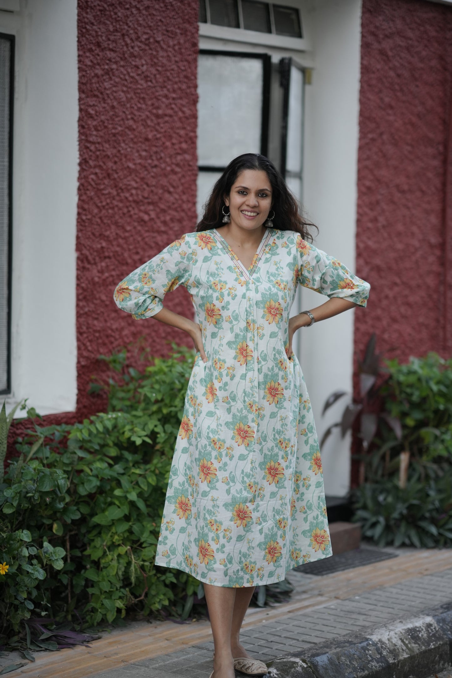 Tropical printed cotton kurti with thread detailed neckline and gathers MBS-769 ***Ready to dispatch***