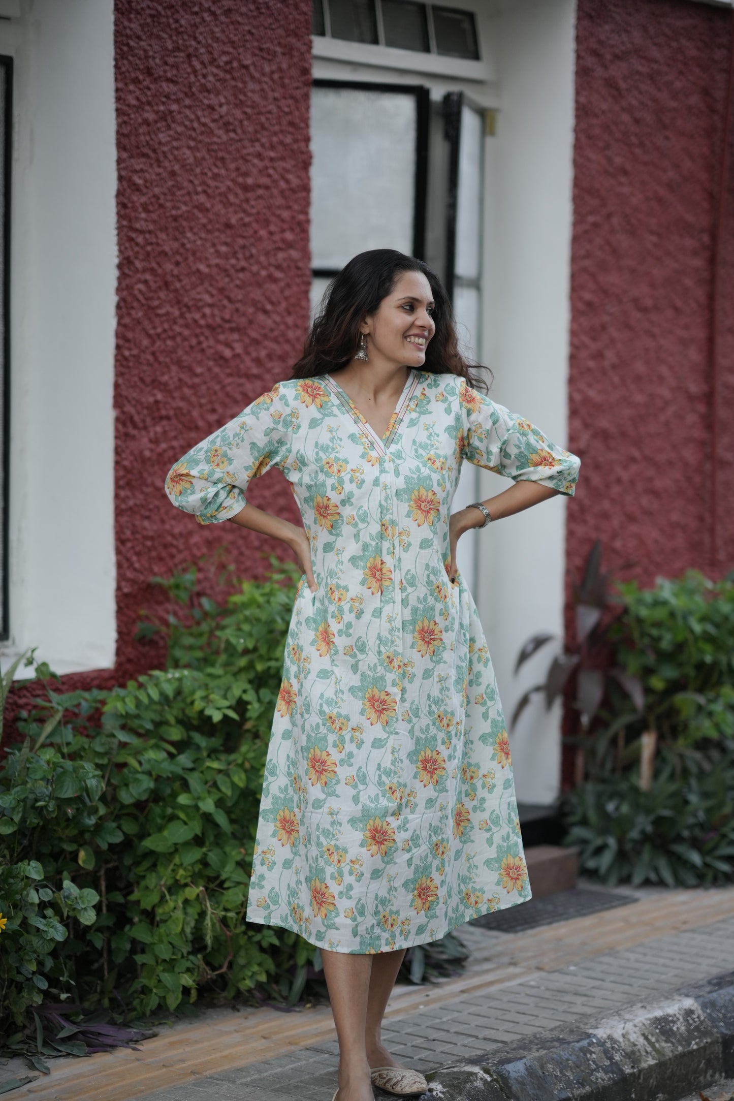 Tropical printed cotton kurti with thread detailed neckline and gathers MBS-769 ***Ready to dispatch***