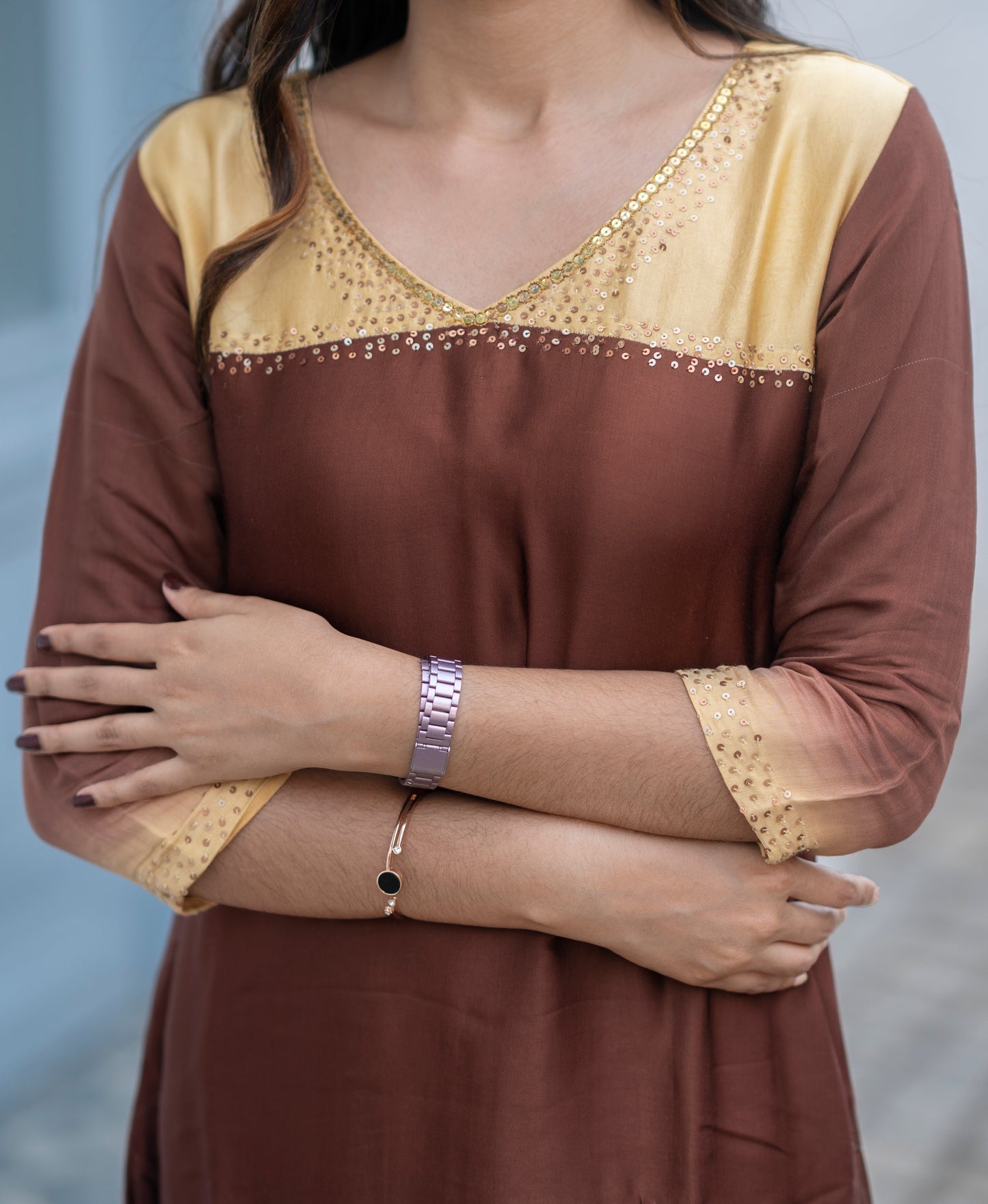 Yellow ombre shaded satin modal A-line kurti with handwork detailed yoke and sleeve with santoon lining MBS-595