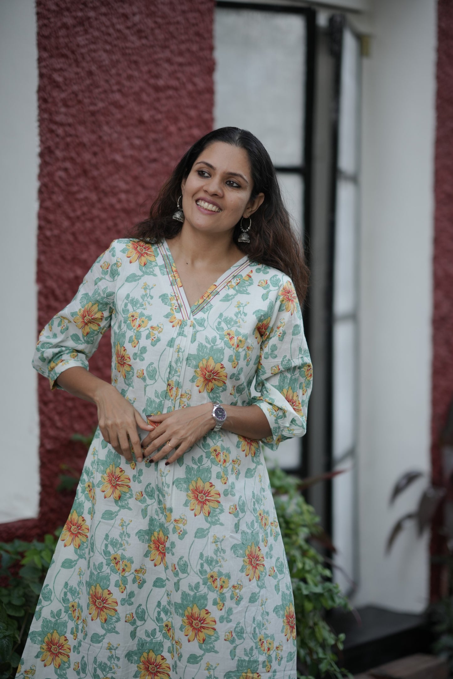 Tropical printed cotton kurti with thread detailed neckline and gathers MBS-769 ***Ready to dispatch***