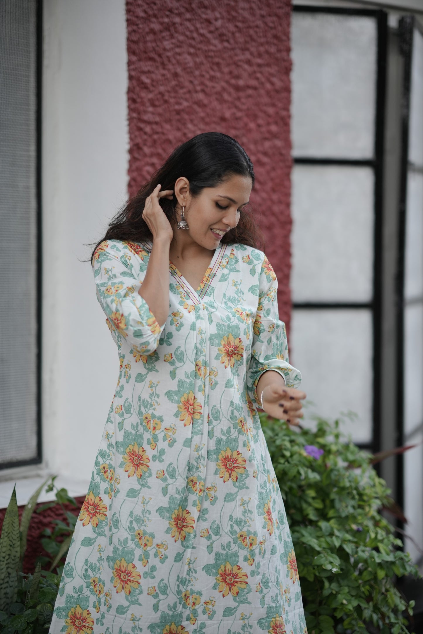 Tropical printed cotton kurti with thread detailed neckline and gathers MBS-769 ***Ready to dispatch***