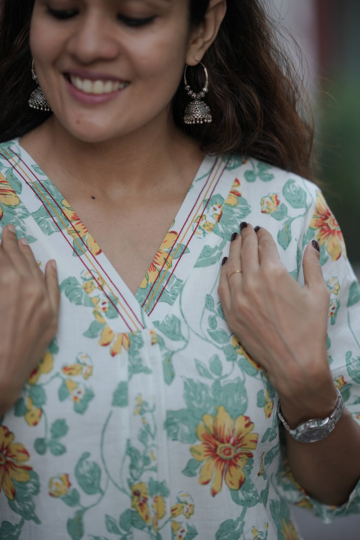 Tropical printed cotton kurti with thread detailed neckline and gathers MBS-769 ***Ready to dispatch***