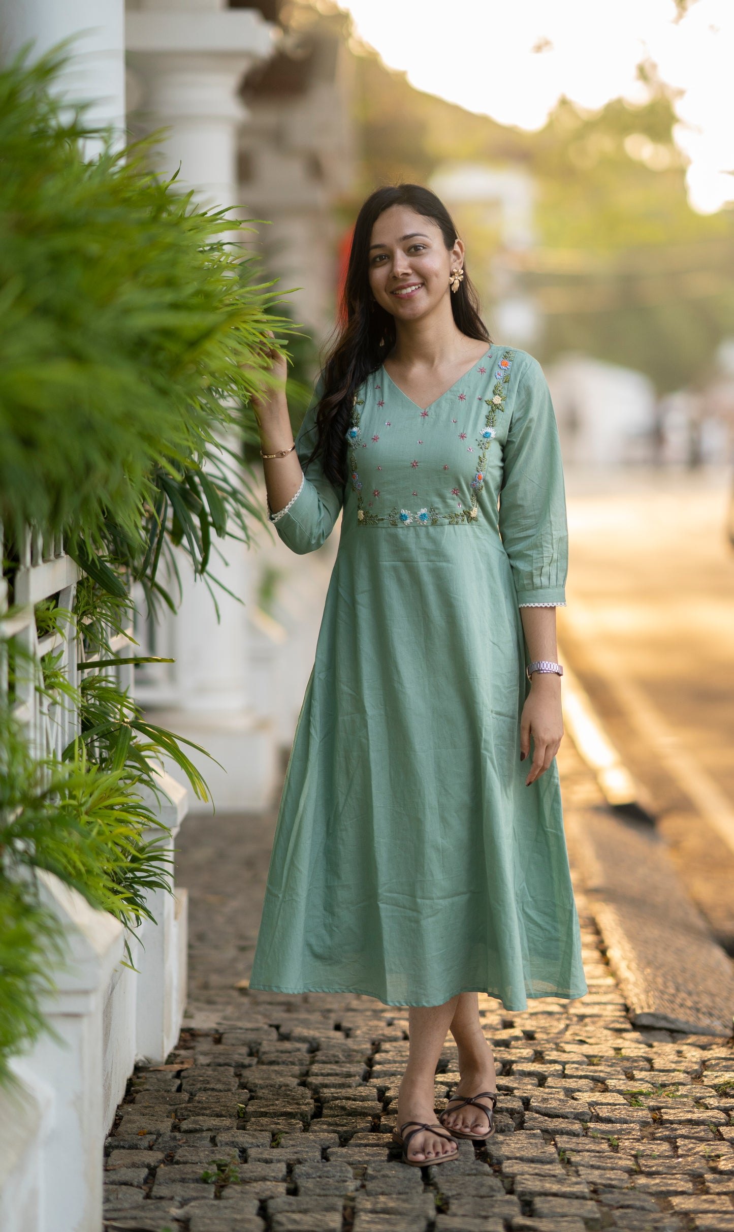 Light sea green kora mul cotton A-line dress/kurti with thread embroidered yoke MBS-606