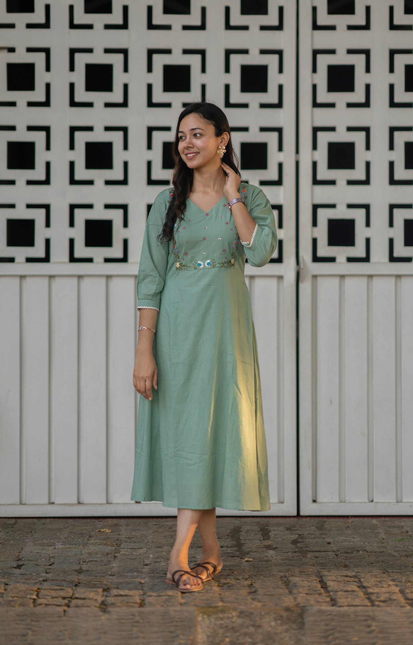 Light sea green kora mul cotton A-line dress/kurti with thread embroidered yoke MBS-606