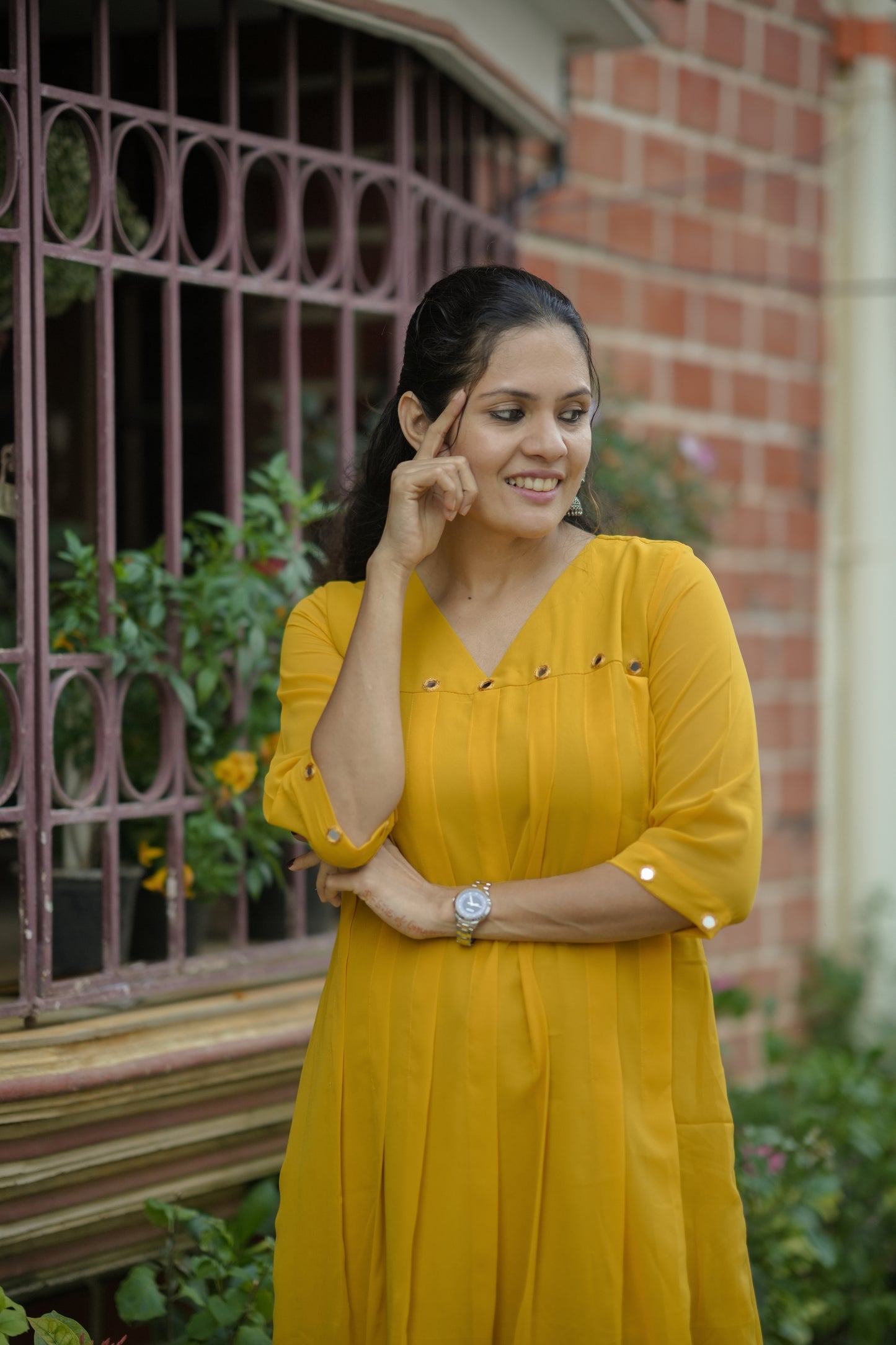 Yellow shaded georgette Aline kurti with mirror handworked yoke and sleeve MBS-775