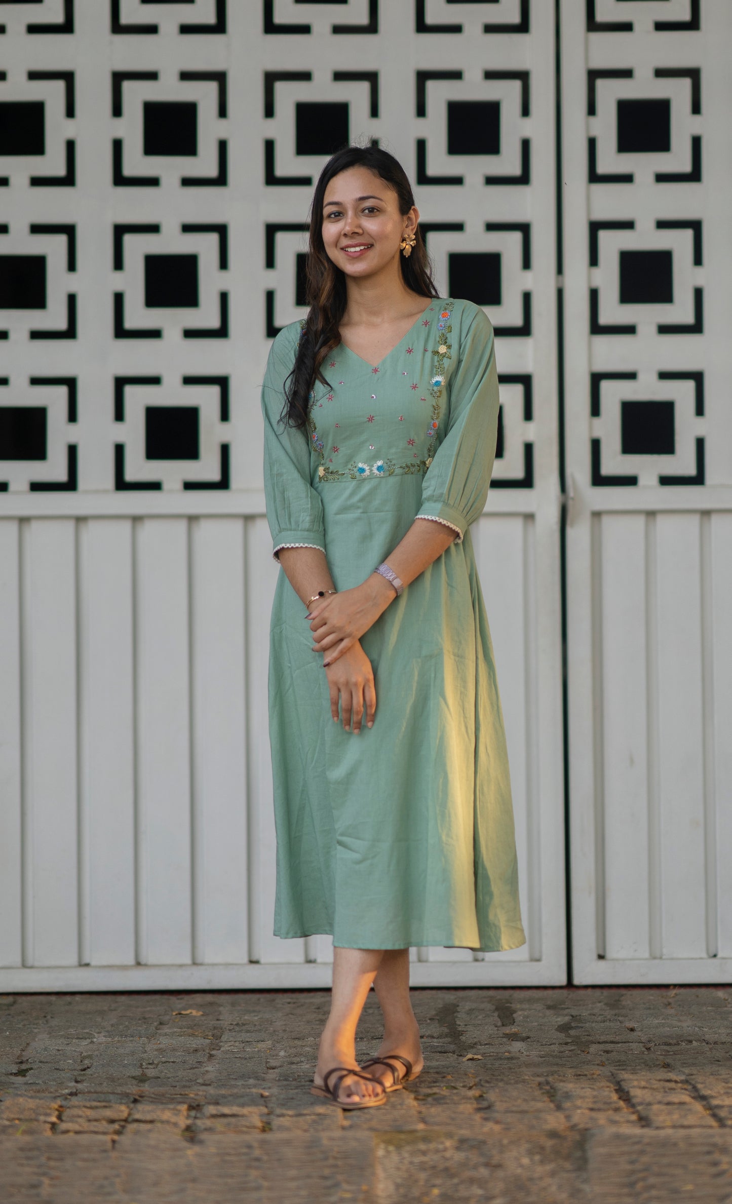 Light sea green kora mul cotton A-line dress/kurti with thread embroidered yoke MBS-606