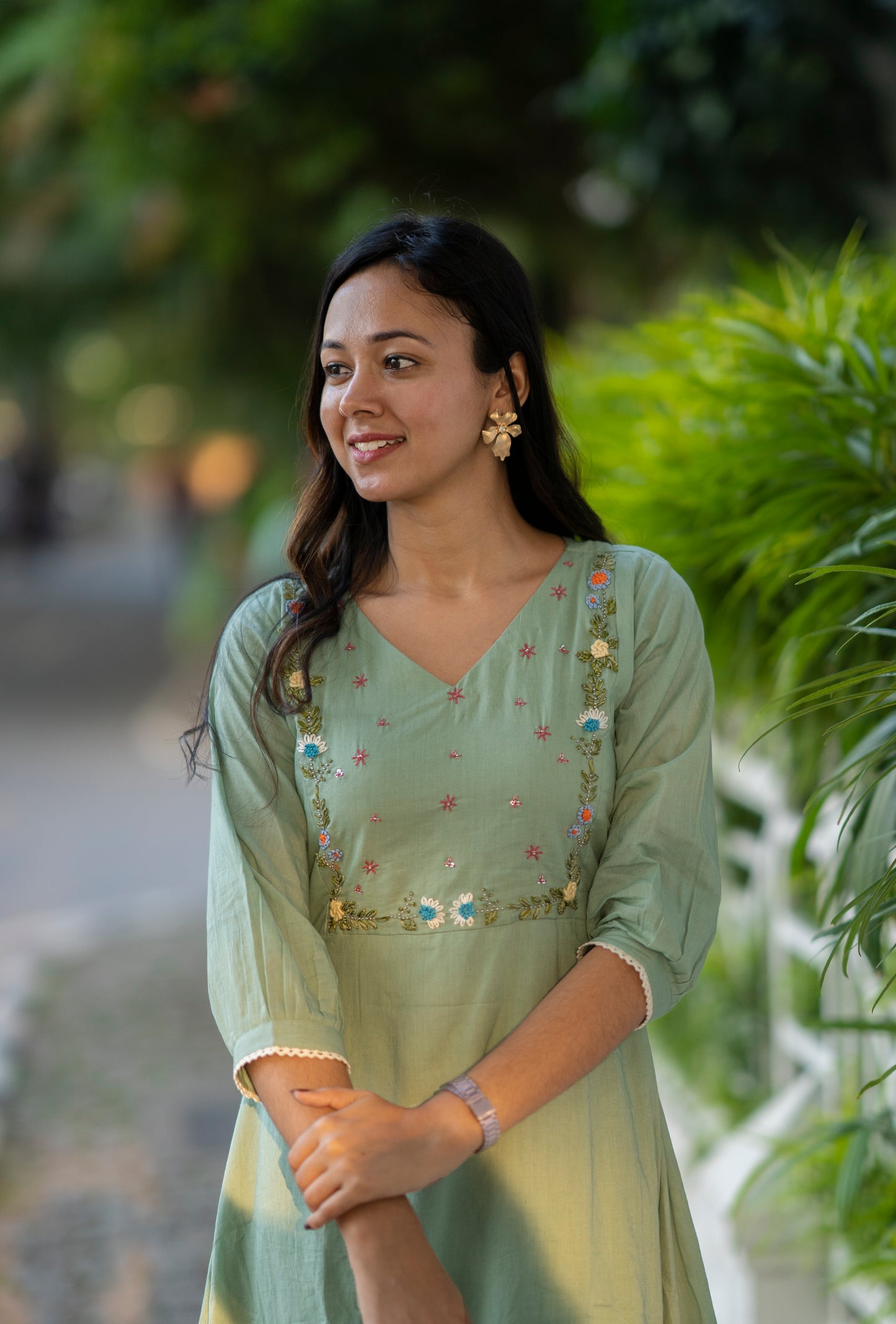 Light sea green kora mul cotton A-line dress/kurti with thread embroidered yoke MBS-606