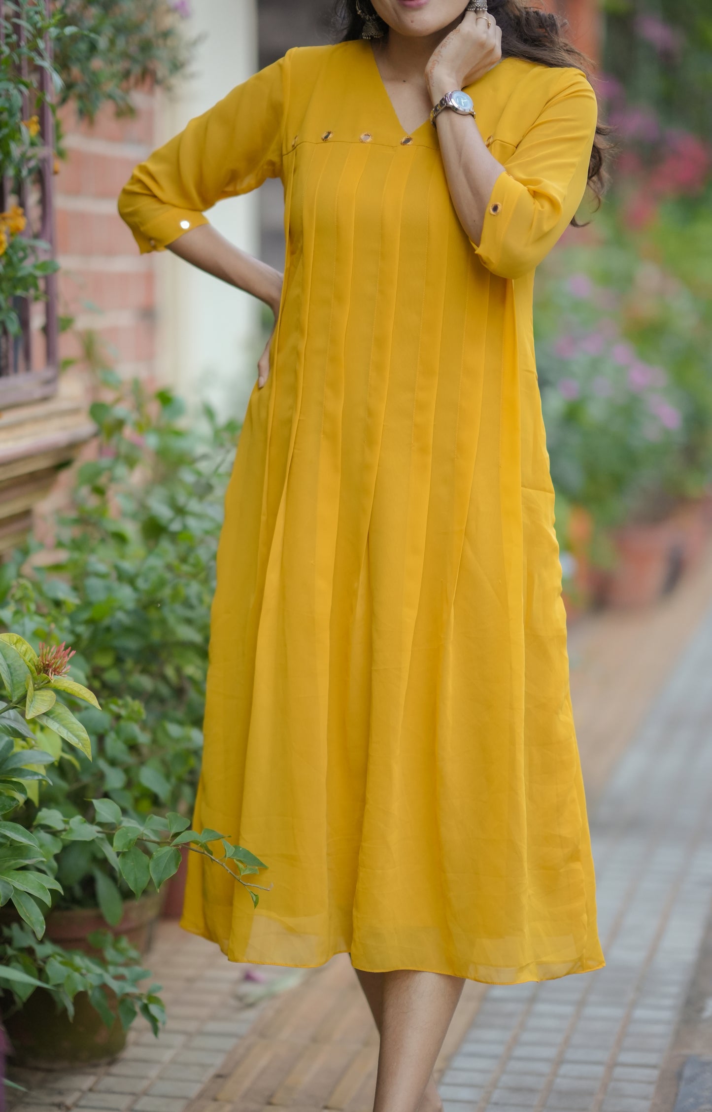 Yellow shaded georgette Aline kurti with mirror handworked yoke and sleeve MBS-775
