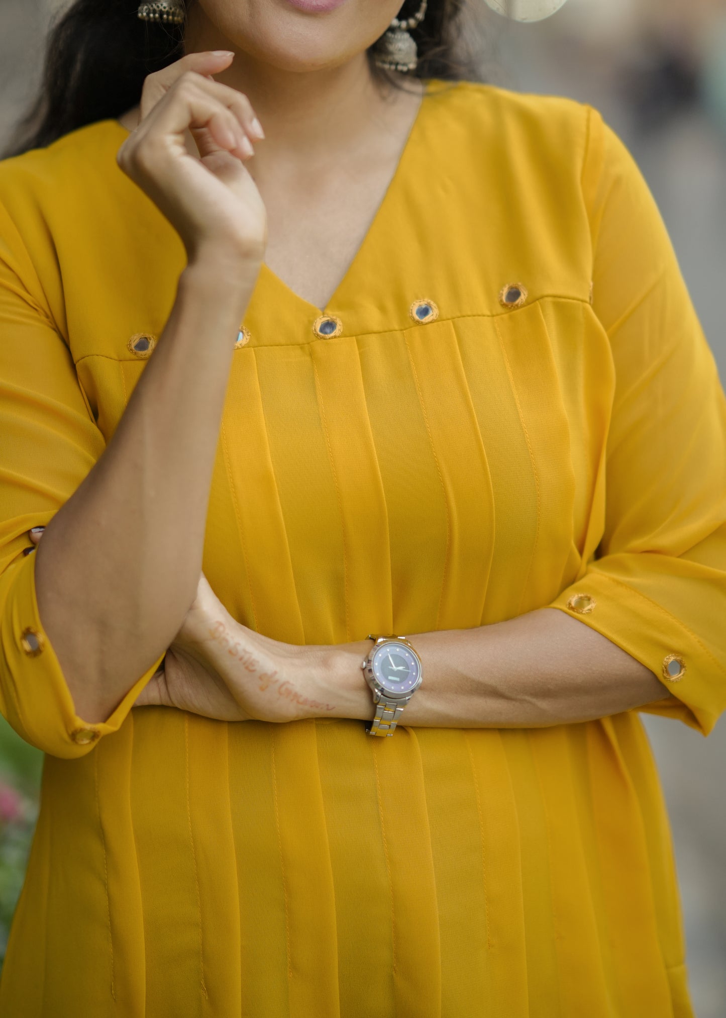 Yellow shaded georgette Aline kurti with mirror handworked yoke and sleeve MBS-775