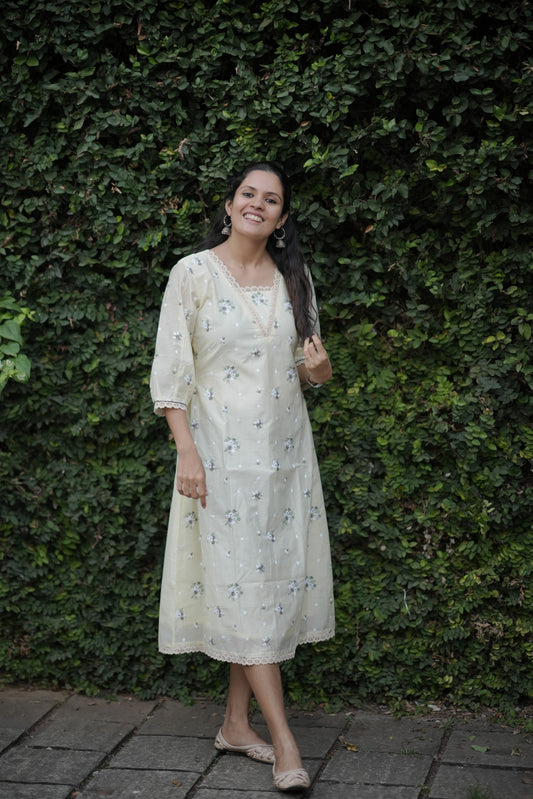Cream shaded chanderi Aline kurti/dress with floral thread embroidery detailings MBS-767 ***Ready to dispatch***
