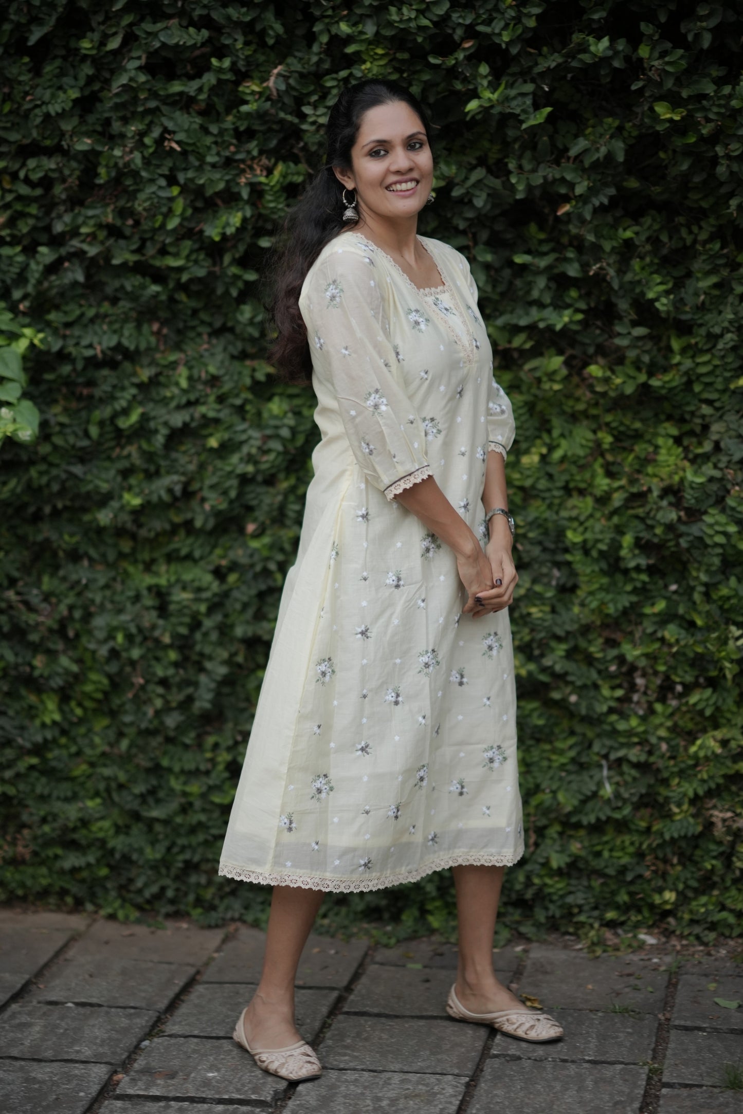 Cream shaded chanderi Aline kurti/dress with floral thread embroidery detailings MBS-767 ***Ready to dispatch***