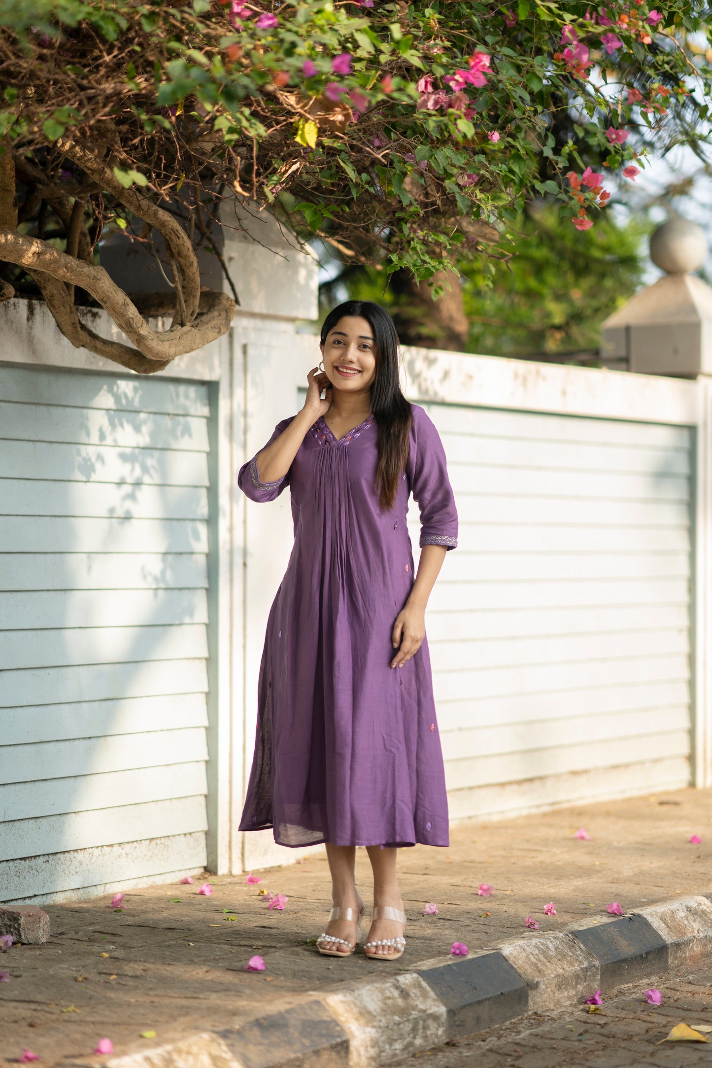 Lavender shaded dull linen Aline kurti with handwork detailed neck and side panel with santoon lining MBS-575