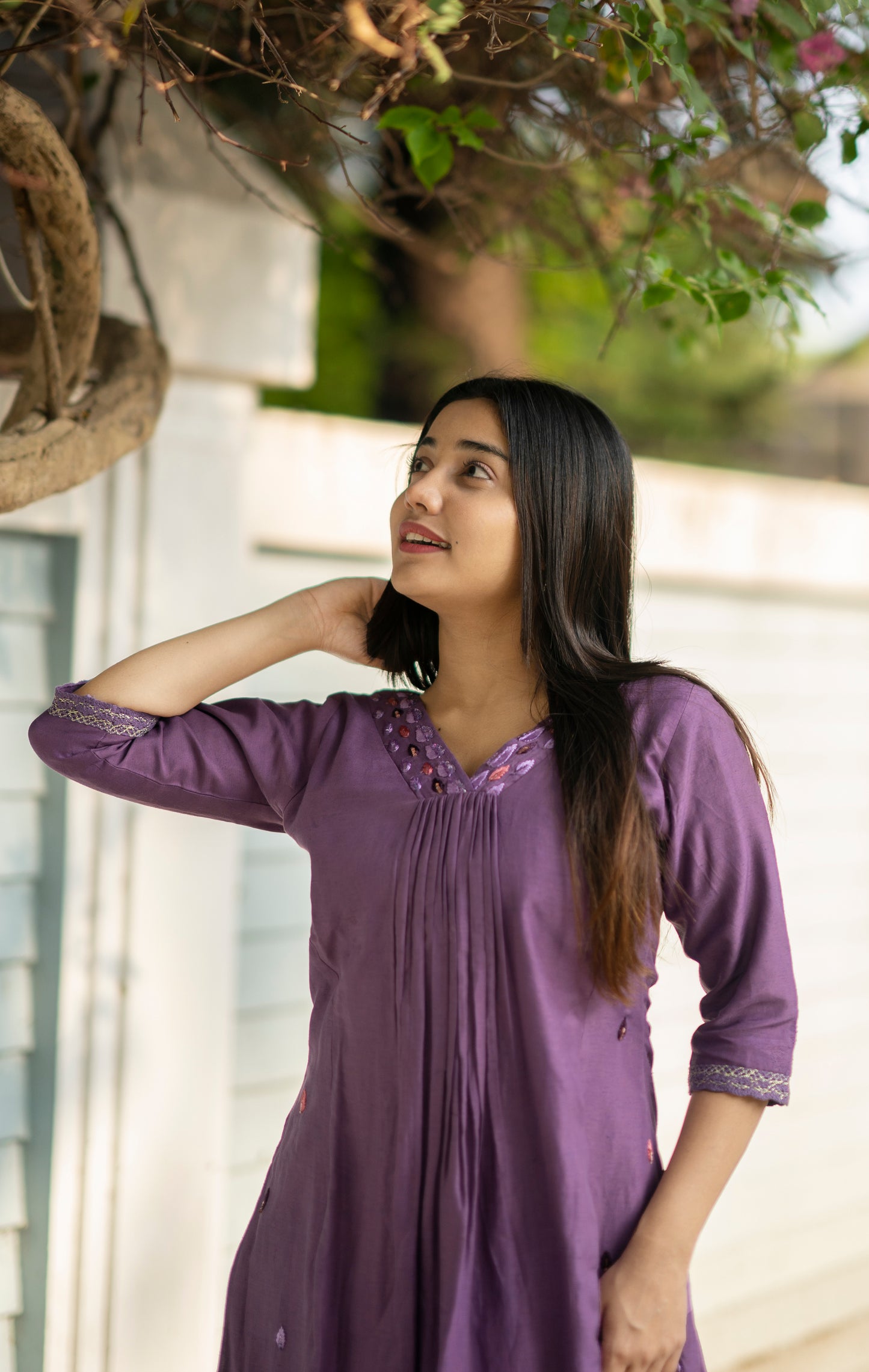 Lavender shaded dull linen Aline kurti with handwork detailed neck and side panel with santoon lining MBS-575