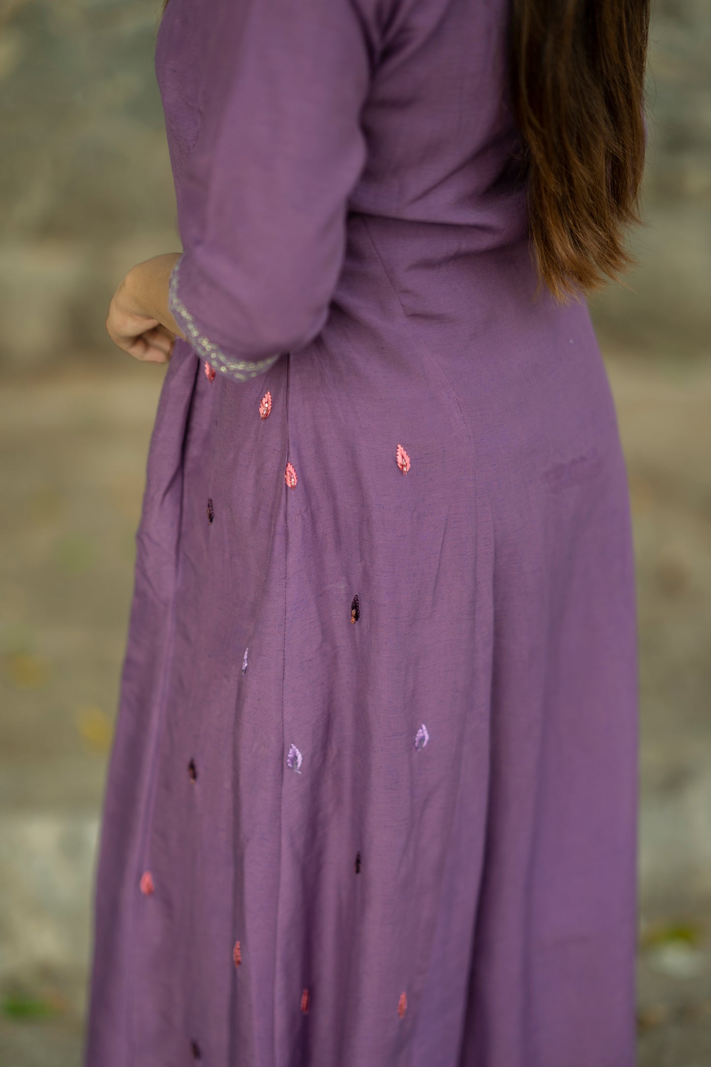 Lavender shaded dull linen Aline kurti with handwork detailed neck and side panel with santoon lining MBS-575