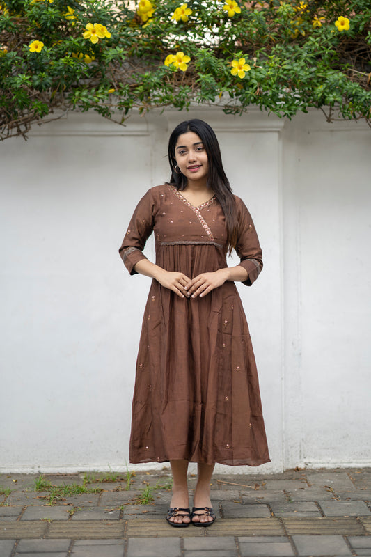 Pure mul chanderi kurti/dress with handworked yoke and side panel in chocolate brown shade MBS- 573