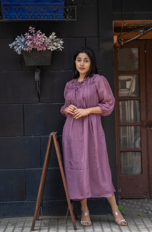 Dark mauve shaded soft organza A-line dress/kurti with frilled neck and yoke MBS-598