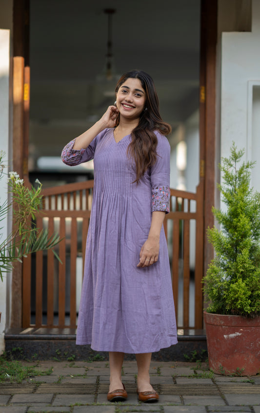 Lavender shaded cotton slub kurti with pleated yoke and embroidered sleeves MBS-1385*** Ready to dispatch***
