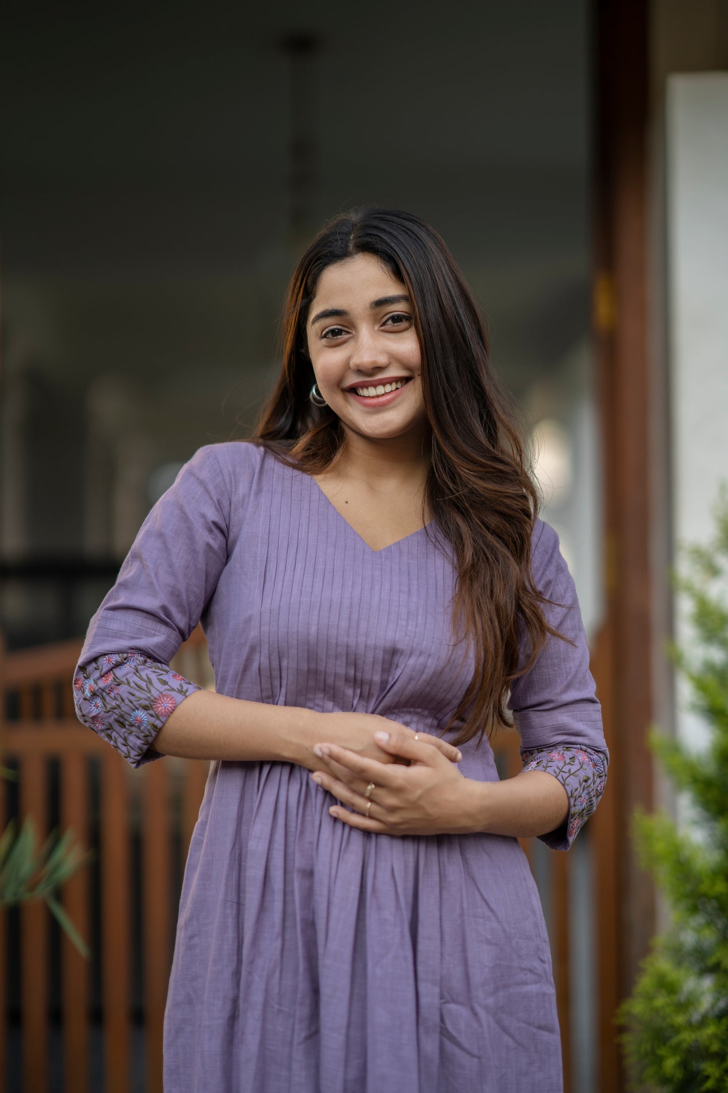 Cotton slub lining kurti with pleated yoke and embroidered sleeves 1 MBS-457 *** Ready to dispatch***