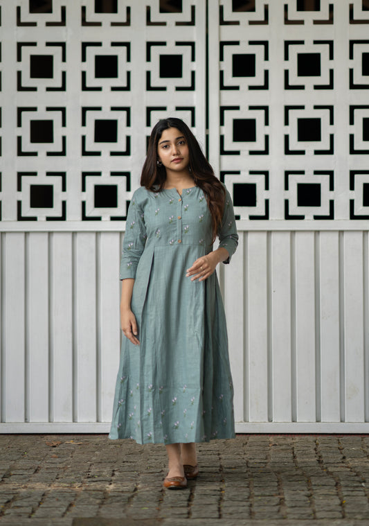 Pastel teal green shaded cotton slub kurti/ dress with floral thread embroidery detailings MBS-466