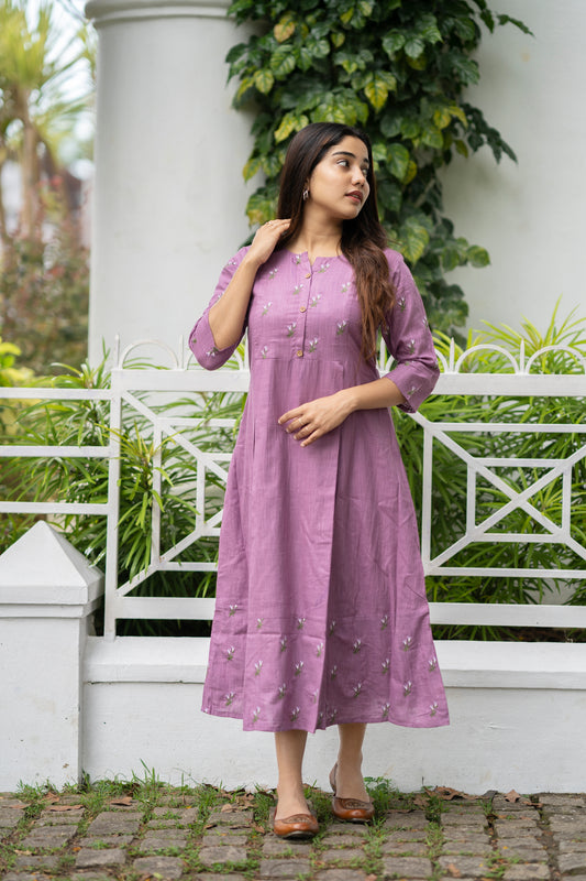 Pastel lilac shaded cotton slub kurti/ dress with floral thread embroidery detailings MBS-467