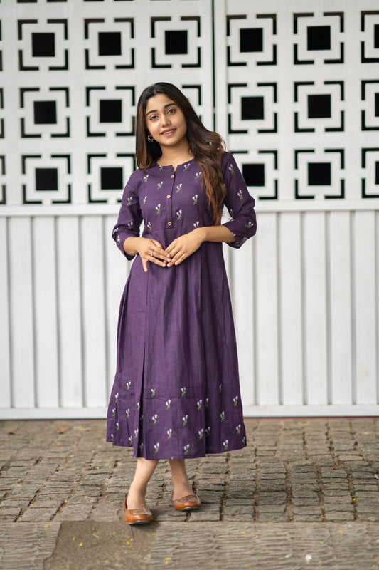 Grape purple shaded cotton slub kurti/ dress with floral thread embroidery detailings MBS-465