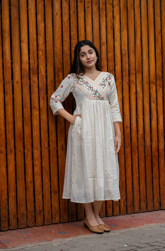 Off white cotton kurti/ dress with floral embroidery and crochet lace detailings MBS-463