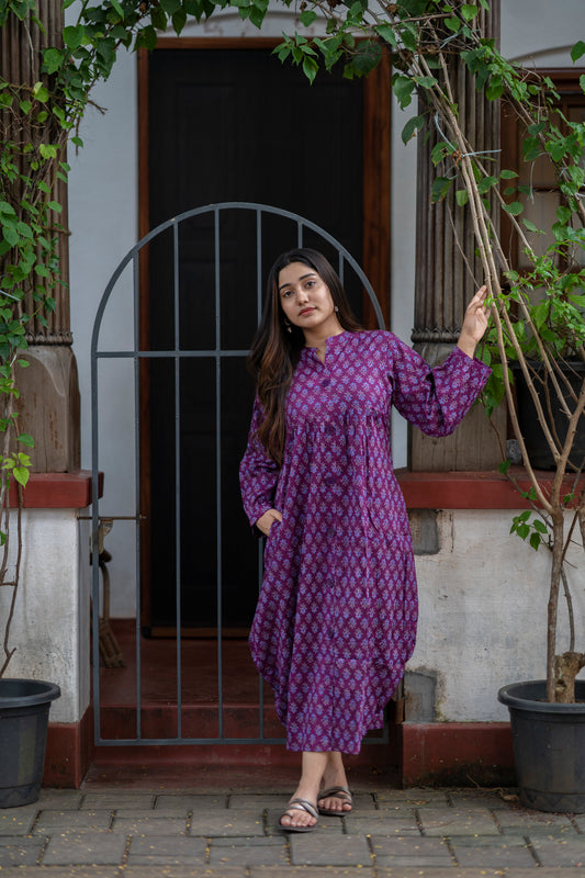 Pure cotton Jaipur printed kurti/dress in purple shade MBS-458