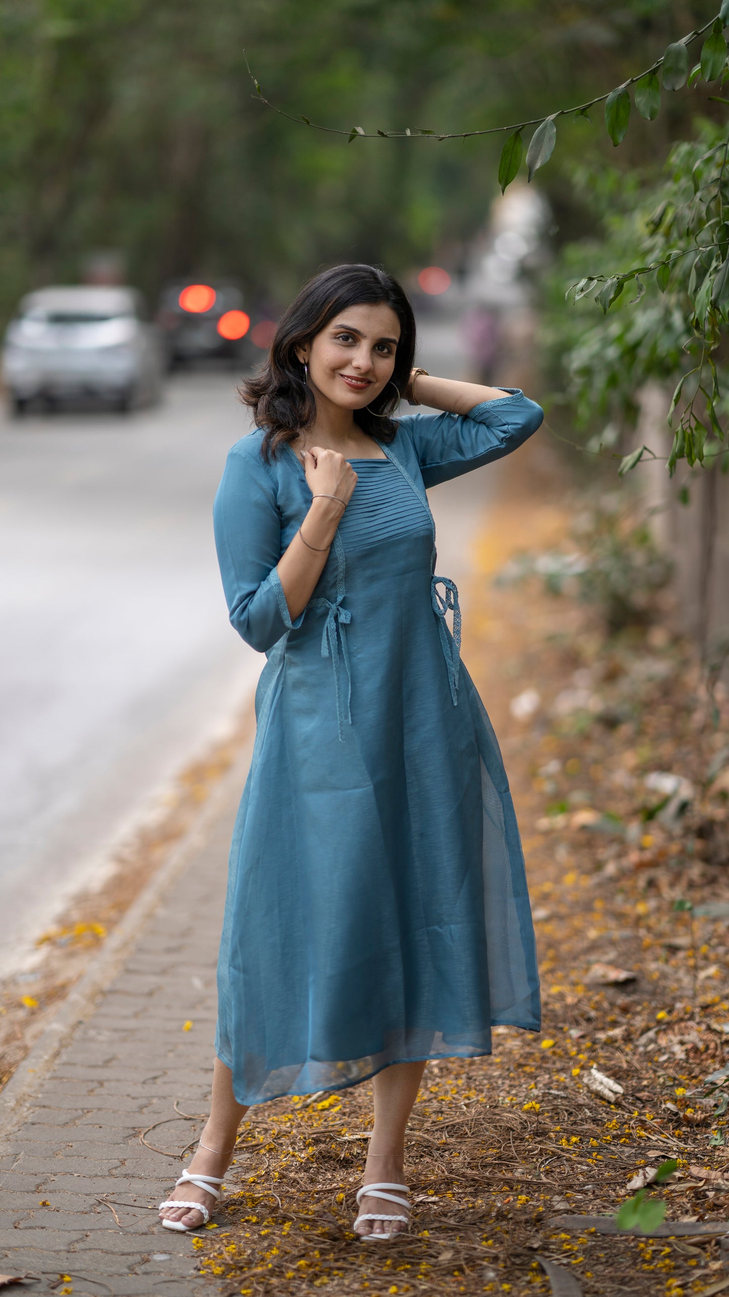 Steel blue shaded jute organza kurti with pleats and crochet lace detailing MBS-363