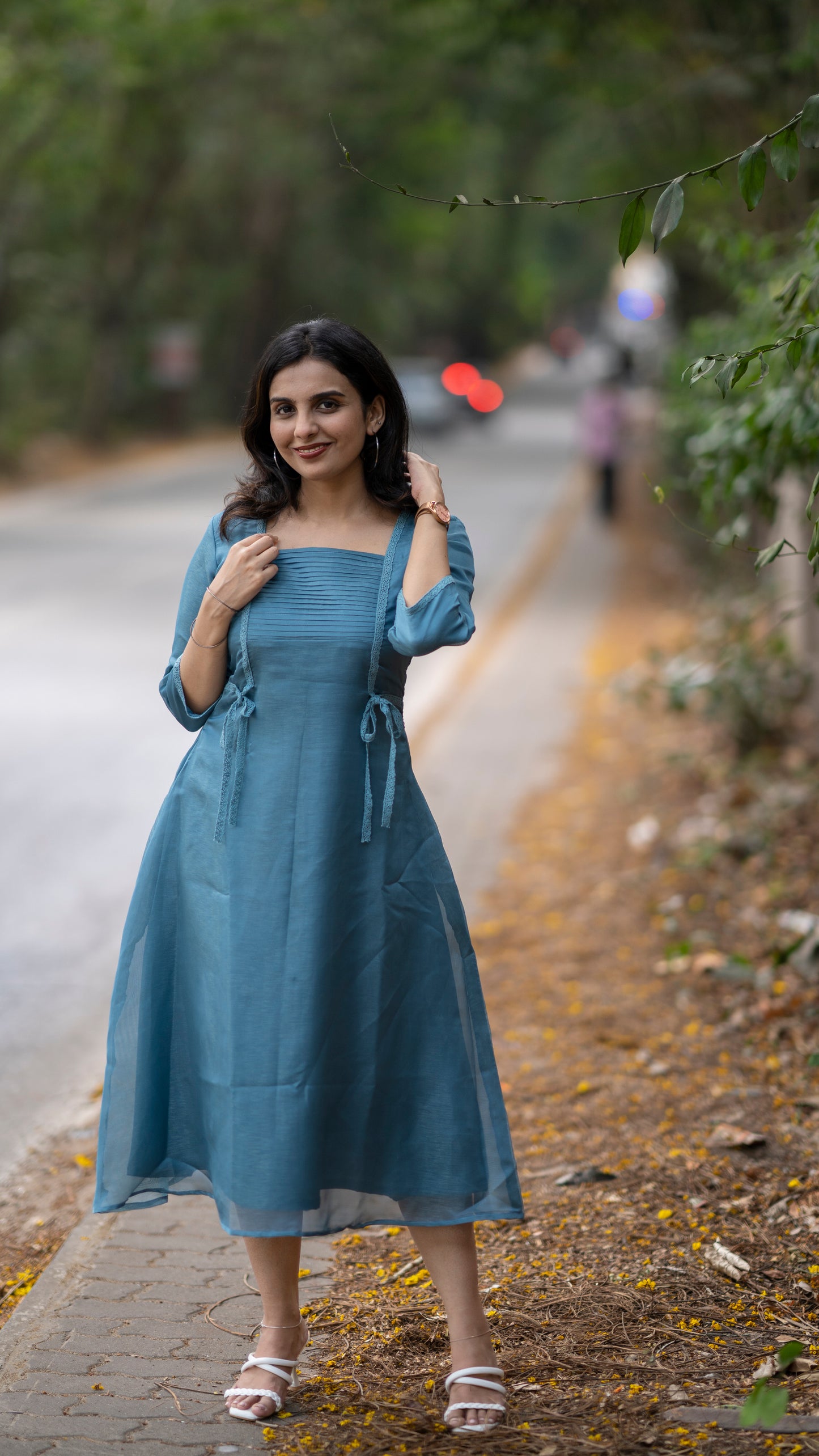 Steel blue shaded jute organza kurti with pleats and crochet lace detailing MBS-363