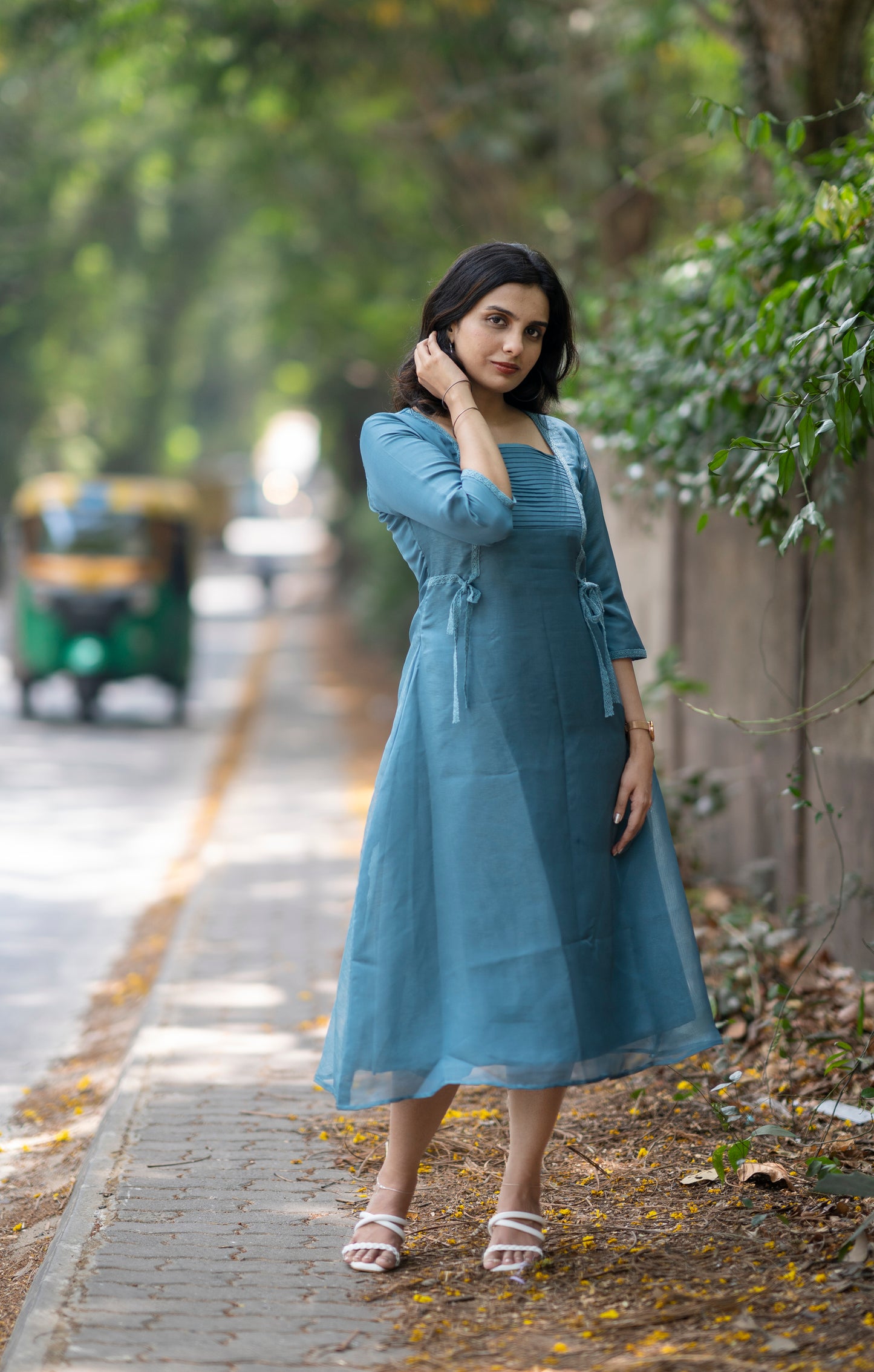 Steel blue shaded jute organza kurti with pleats and crochet lace detailing MBS-363