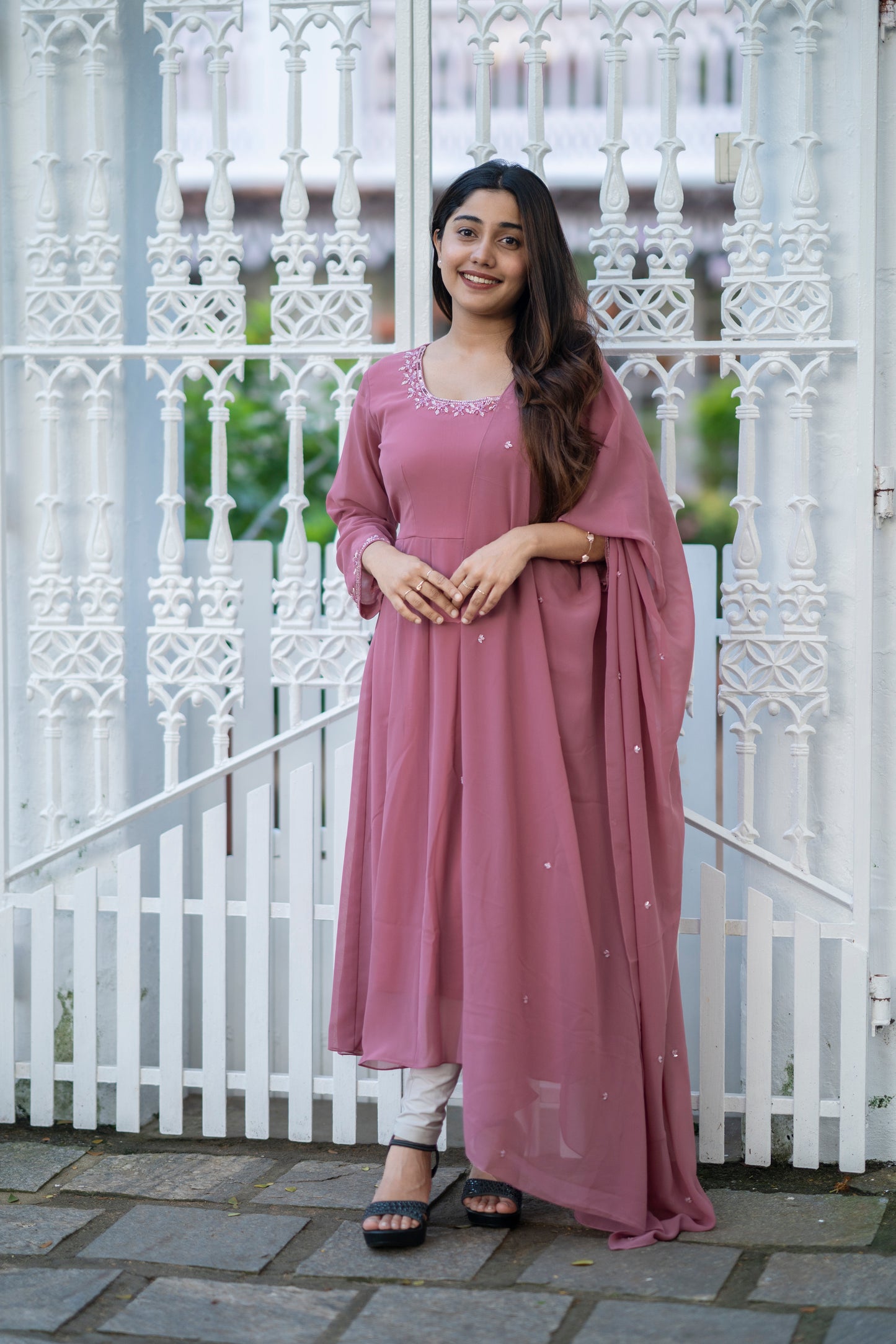 Solid mauve shaded georgette panelled anarkali with handworked dupatta MBS-482