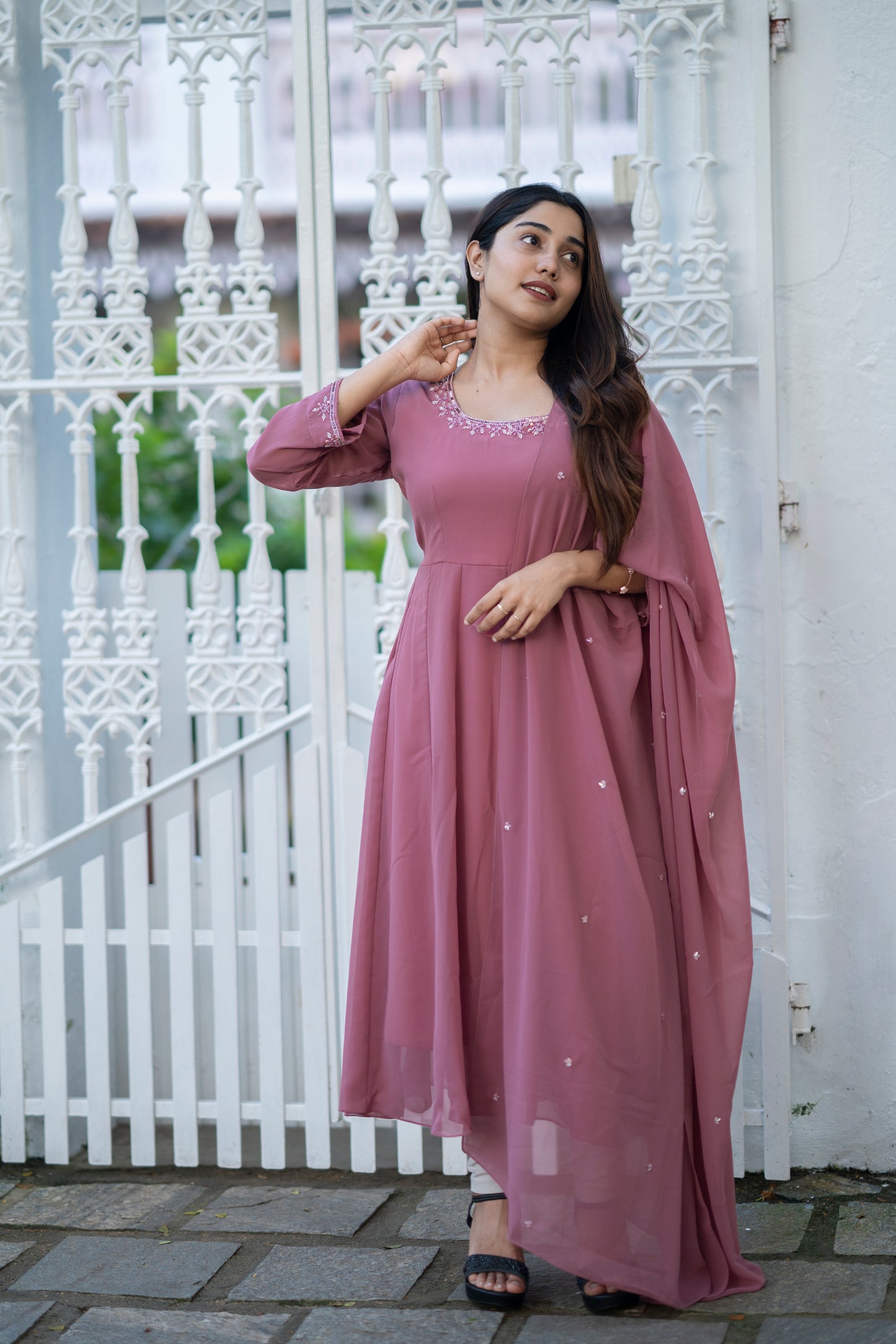 Solid mauve shaded georgette panelled anarkali with handworked dupatta MBS-482