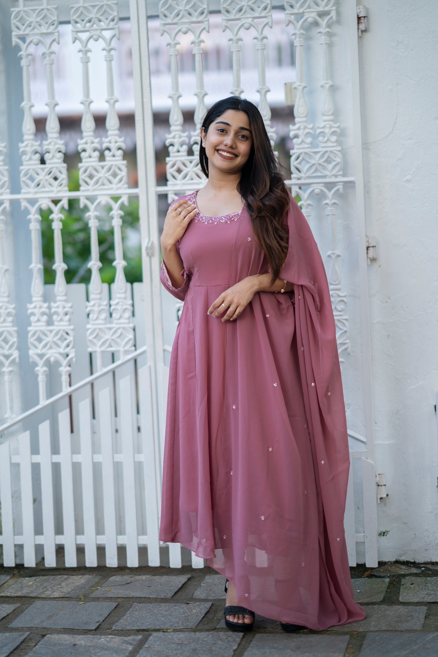 Solid mauve shaded georgette panelled anarkali with handworked dupatta MBS-482