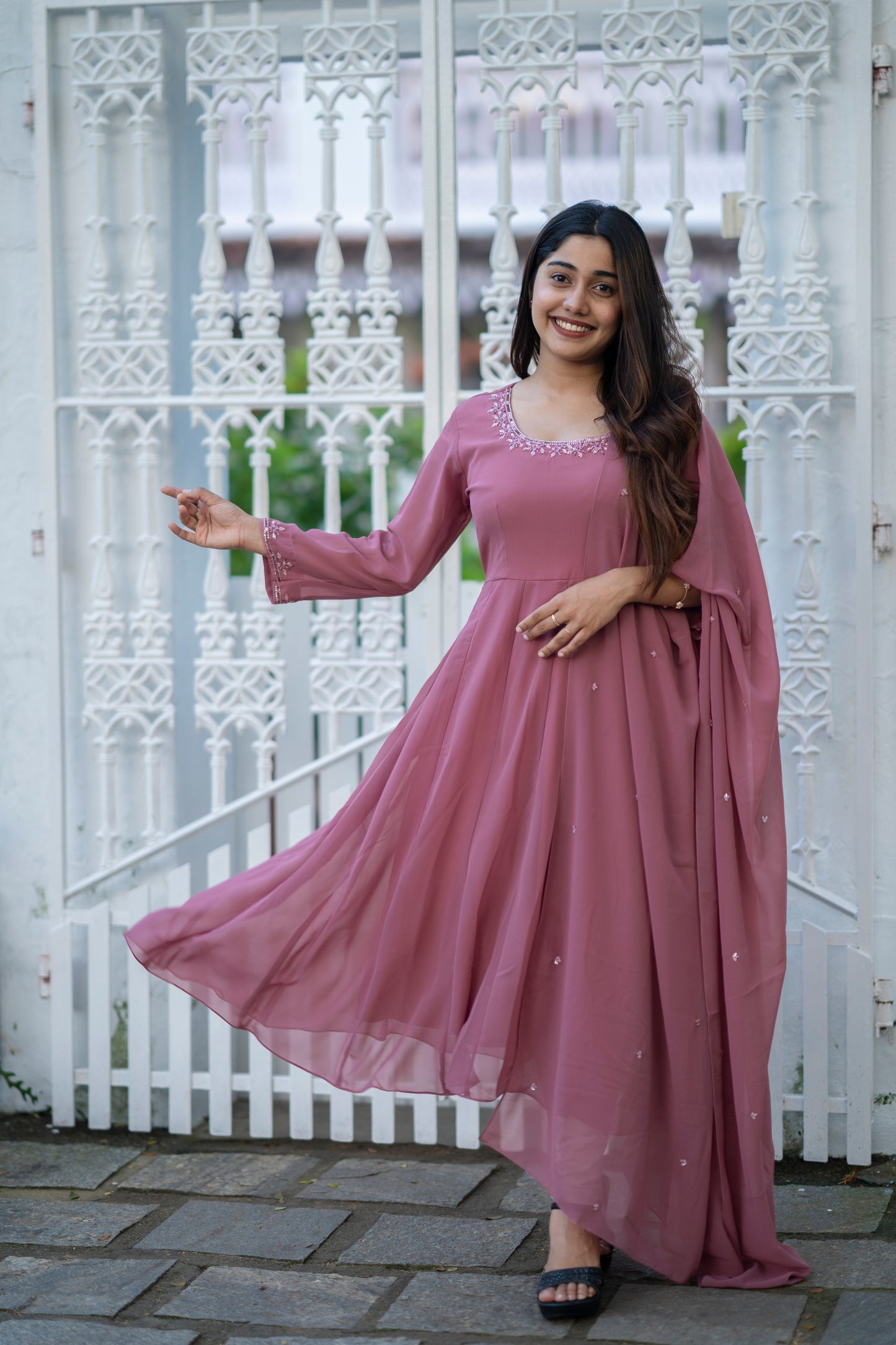 Solid mauve shaded georgette panelled anarkali with handworked dupatta MBS-482