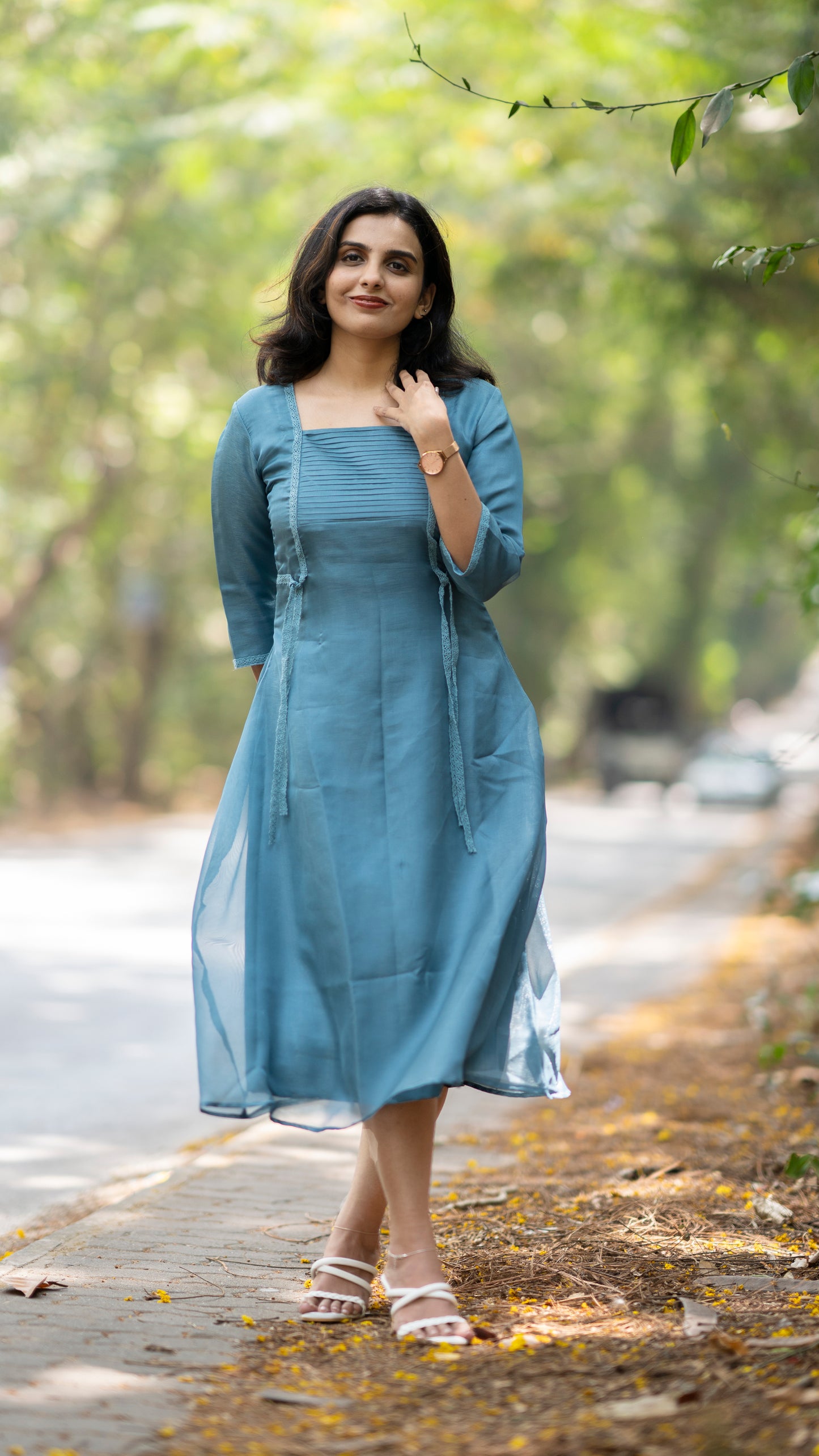 Steel blue shaded jute organza kurti with pleats and crochet lace detailing MBS-363