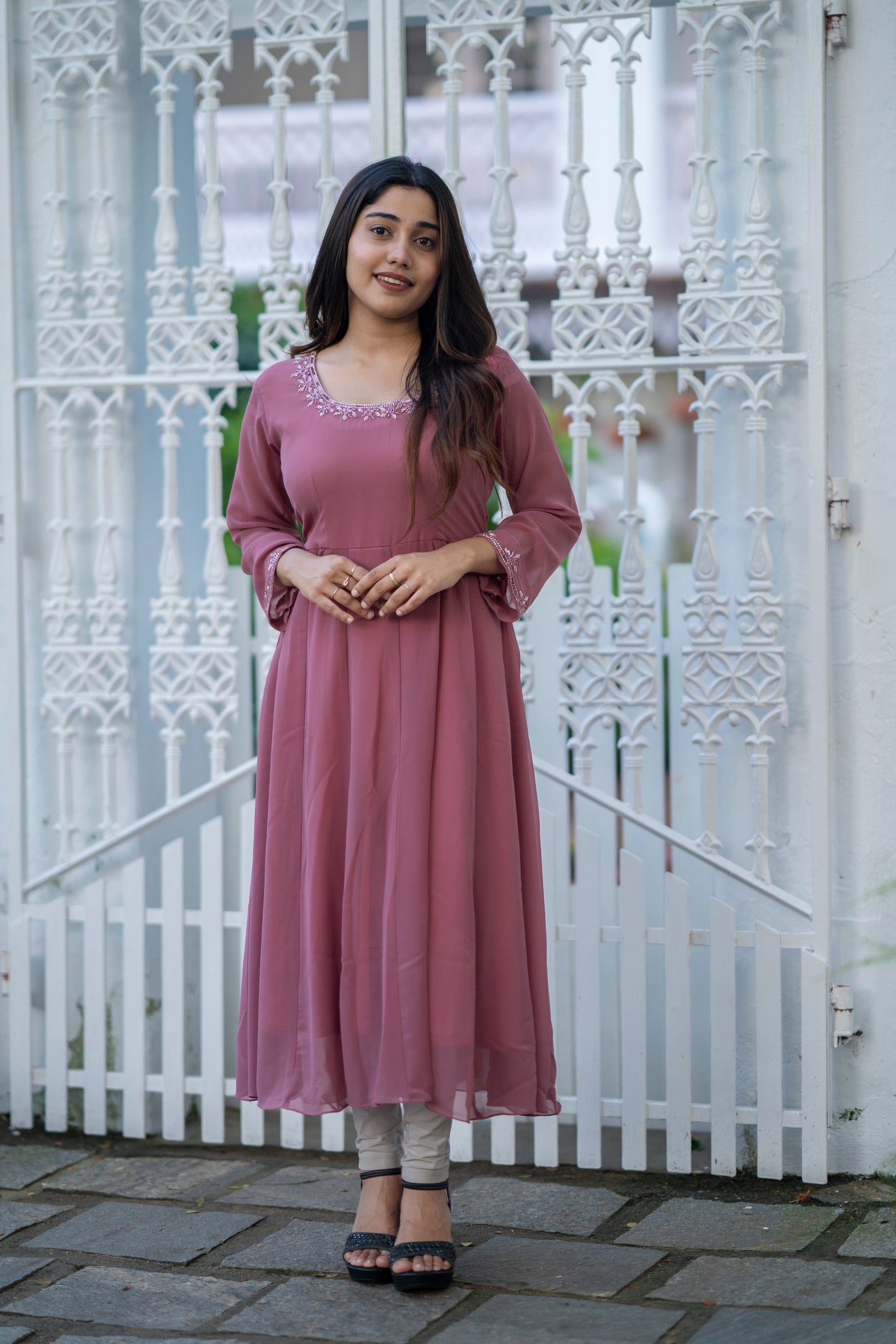 Solid mauve shaded georgette panelled anarkali with handworked dupatta MBS-482